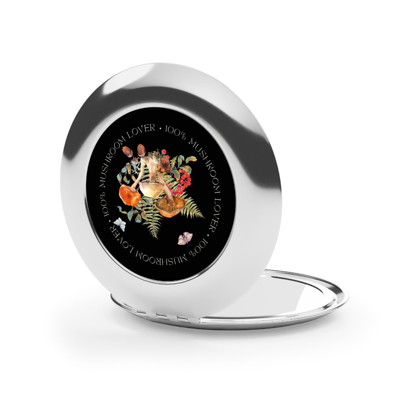 Compact Travel Mirror — '100% Mushroom Lover' Botanical Mushroom Pocket Mirror
