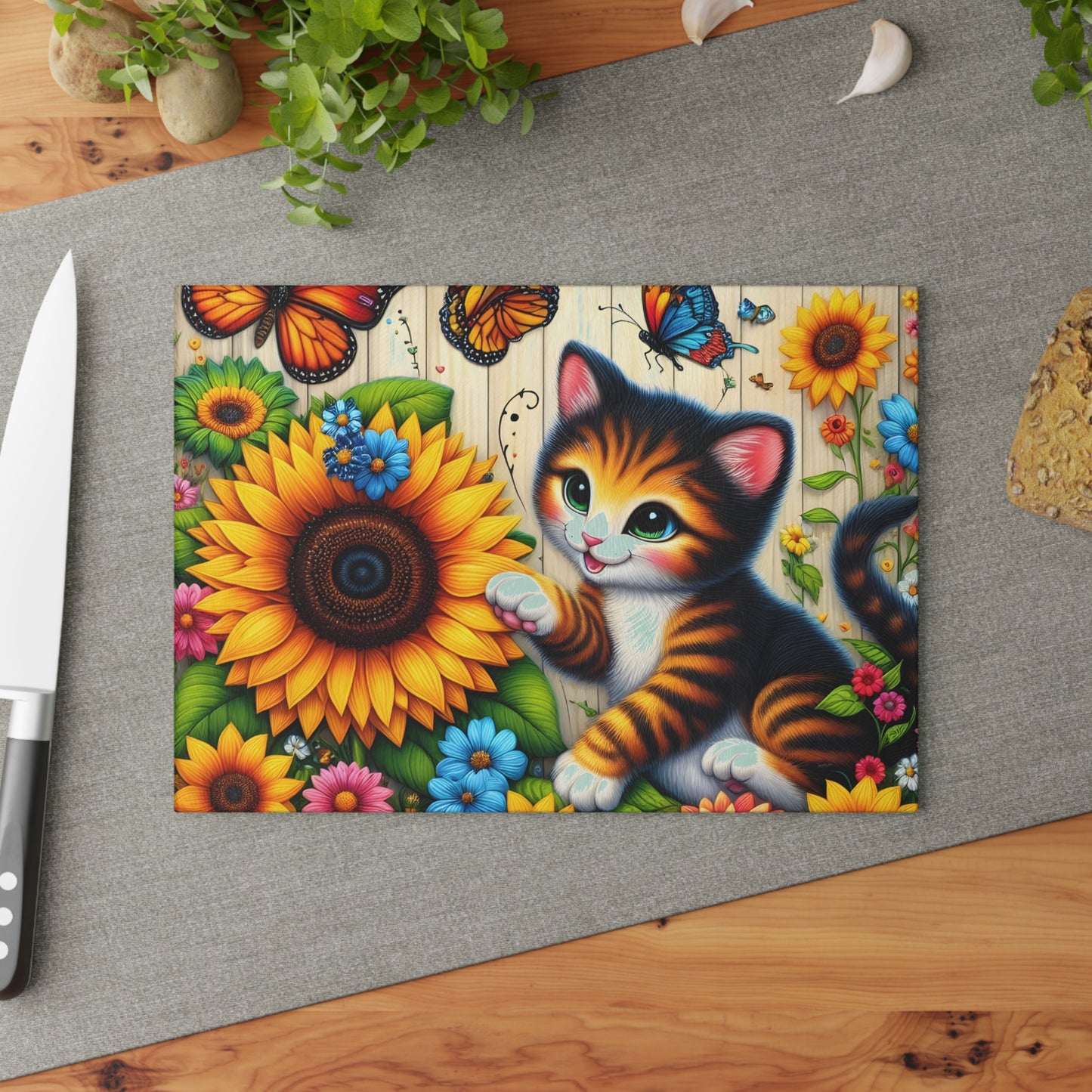 Colorful Cat & Sunflower Glass Cutting Board