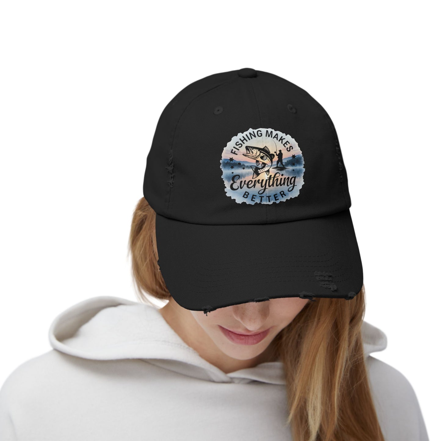 Fishing Humor "Fishing Makes Everything Better" Distressed Cap | Unisex Summer Hat, Fishing Accessories, Outdoor Gear, Gift for Anglers, Casual Headwear
