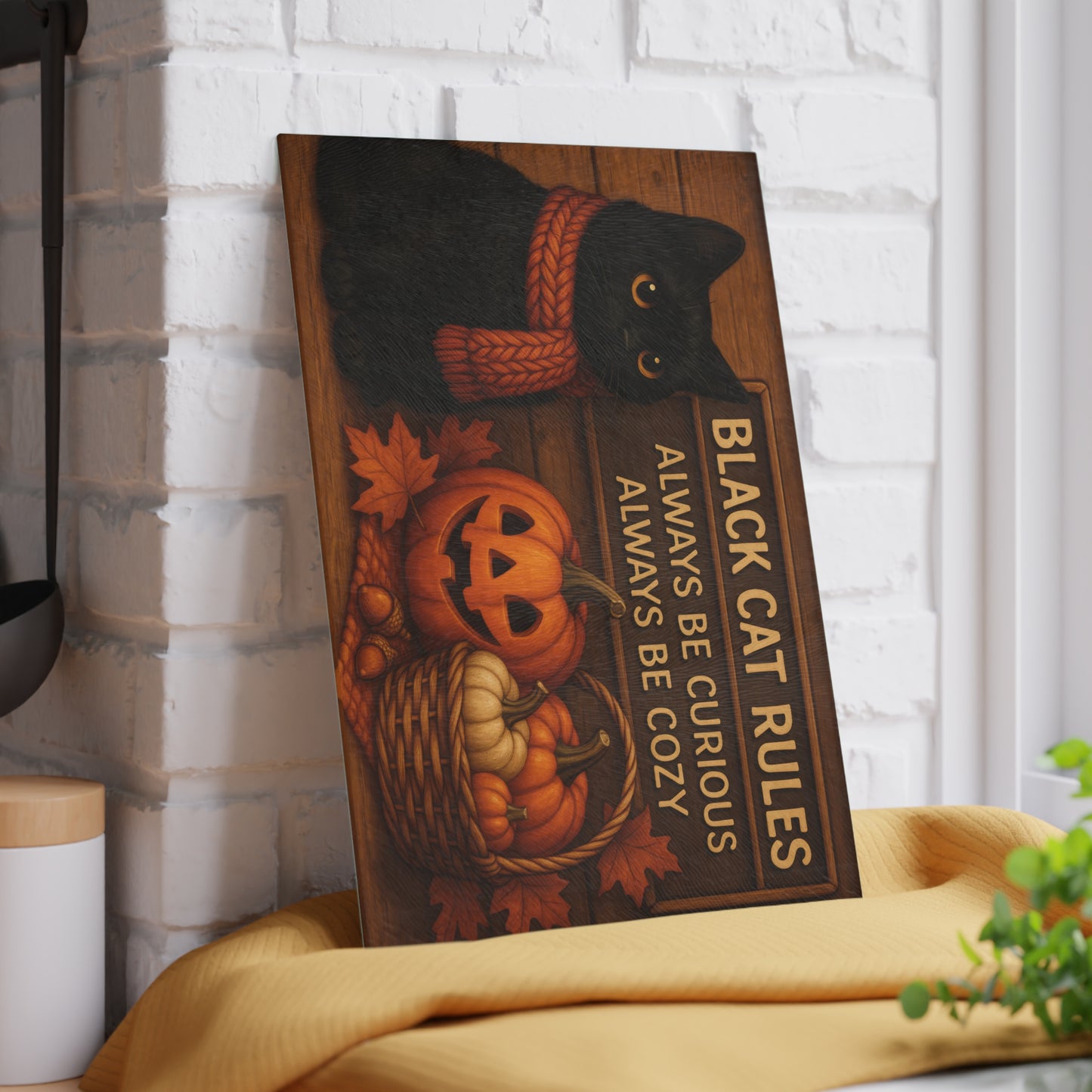 Black Cat Rules Glass Cutting Board - Always Be Curious, Always Be Cozy