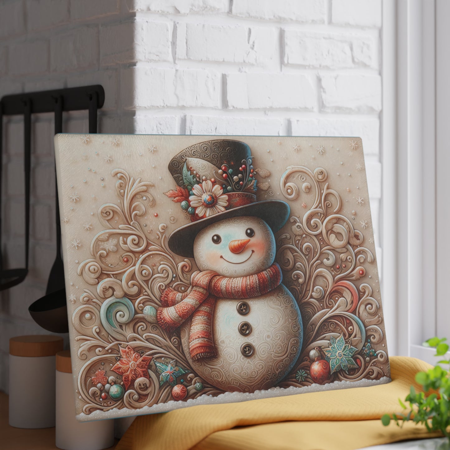 Holiday Snowman Glass Cutting Board
