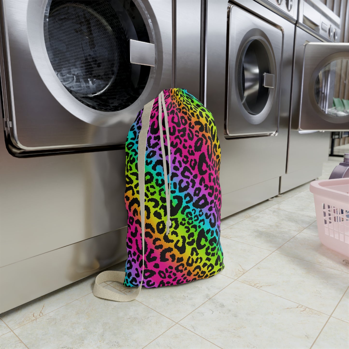 Rainbow Leopard Print Laundry Bag — Bright Neon Animal Print Drawstring Tote for Dorms & Travel