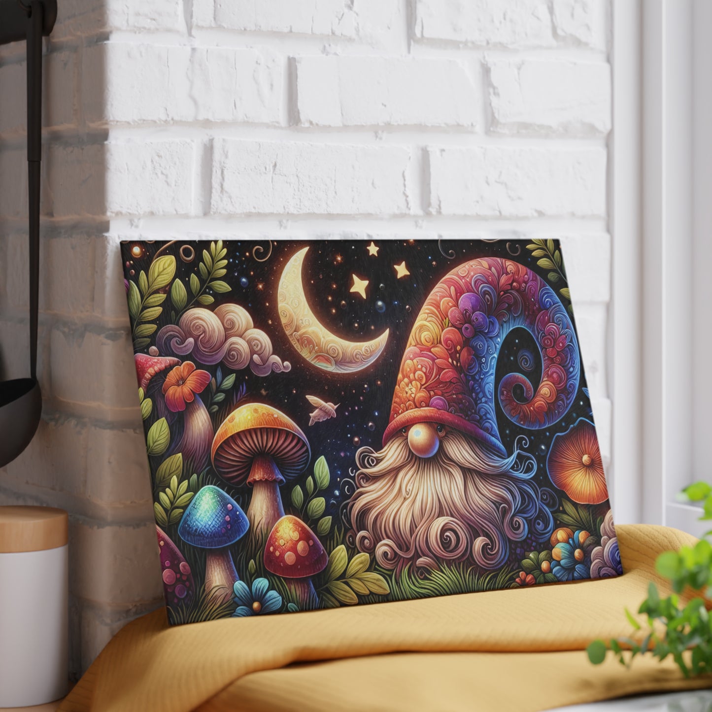 Whimsical Gnome Glass Cutting Board - Colorful Kitchen Decor