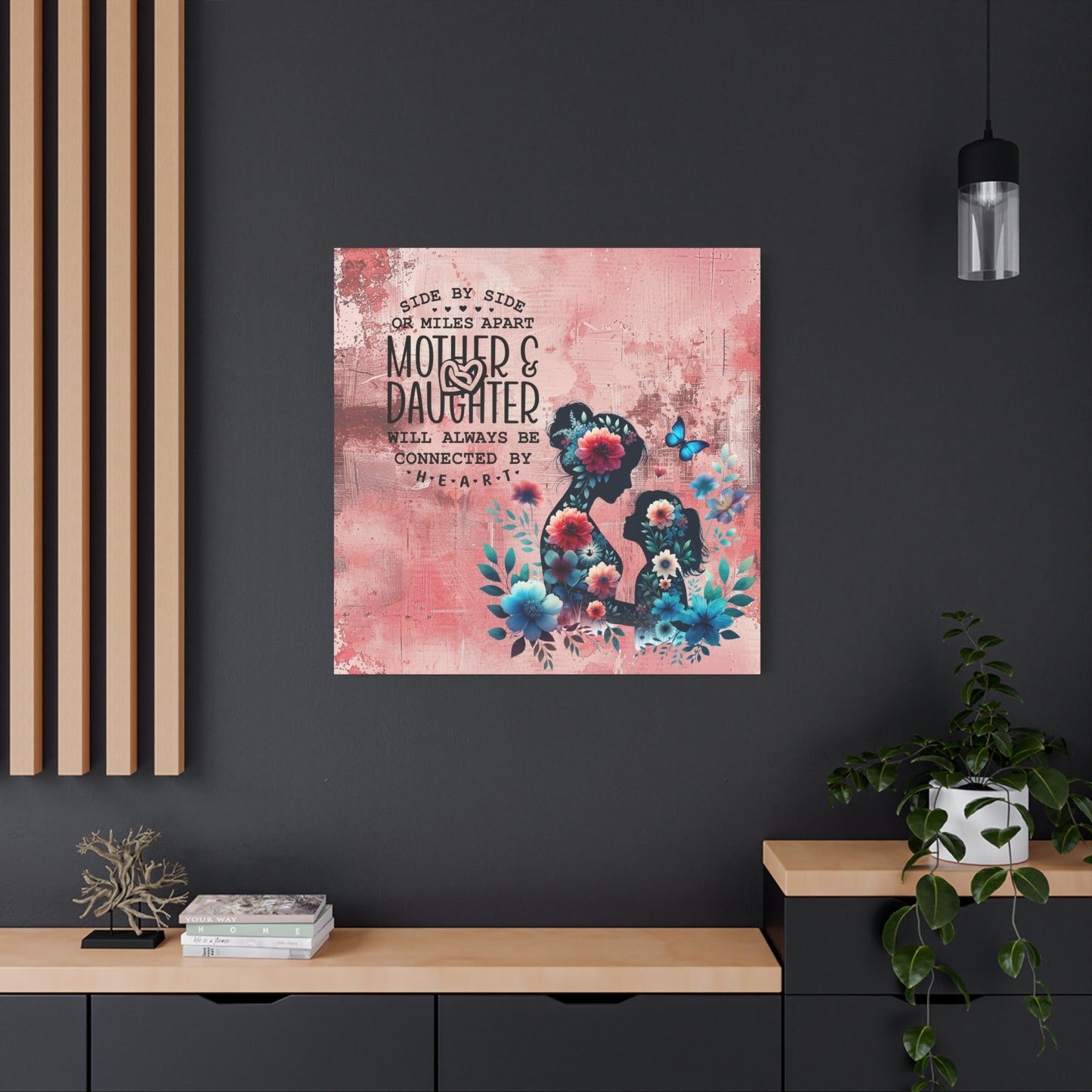 Mother-Daughter Love With Floral And Butterfly Canvas Wall Art Print