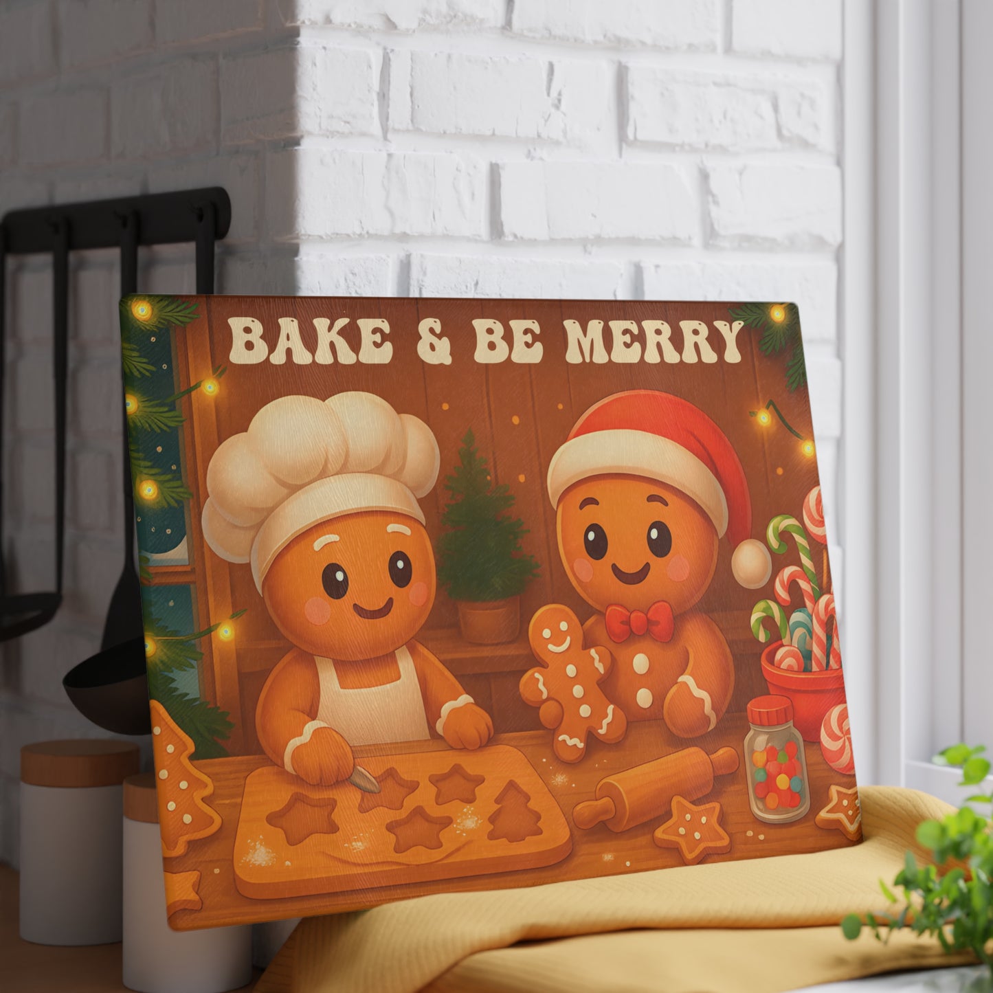 Festive Gingerbread Glass Cutting Board - "Bake & Be Merry"