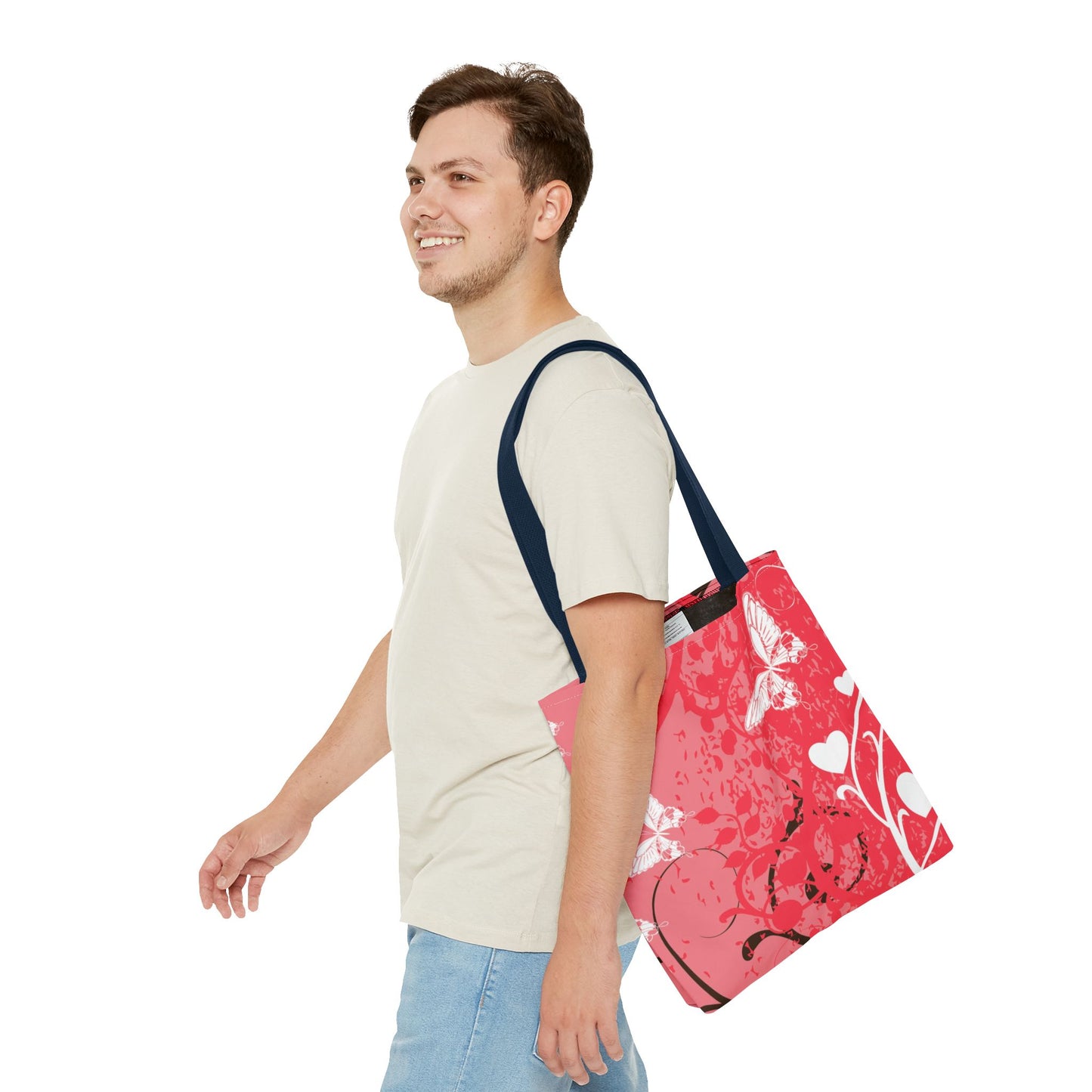 Pink Butterfly Heart Floral Abstract Fashionable Tote Bag (AOP), Stylish, Gift Idea for Birthdays, Holidays, Any Occasion for Anyone