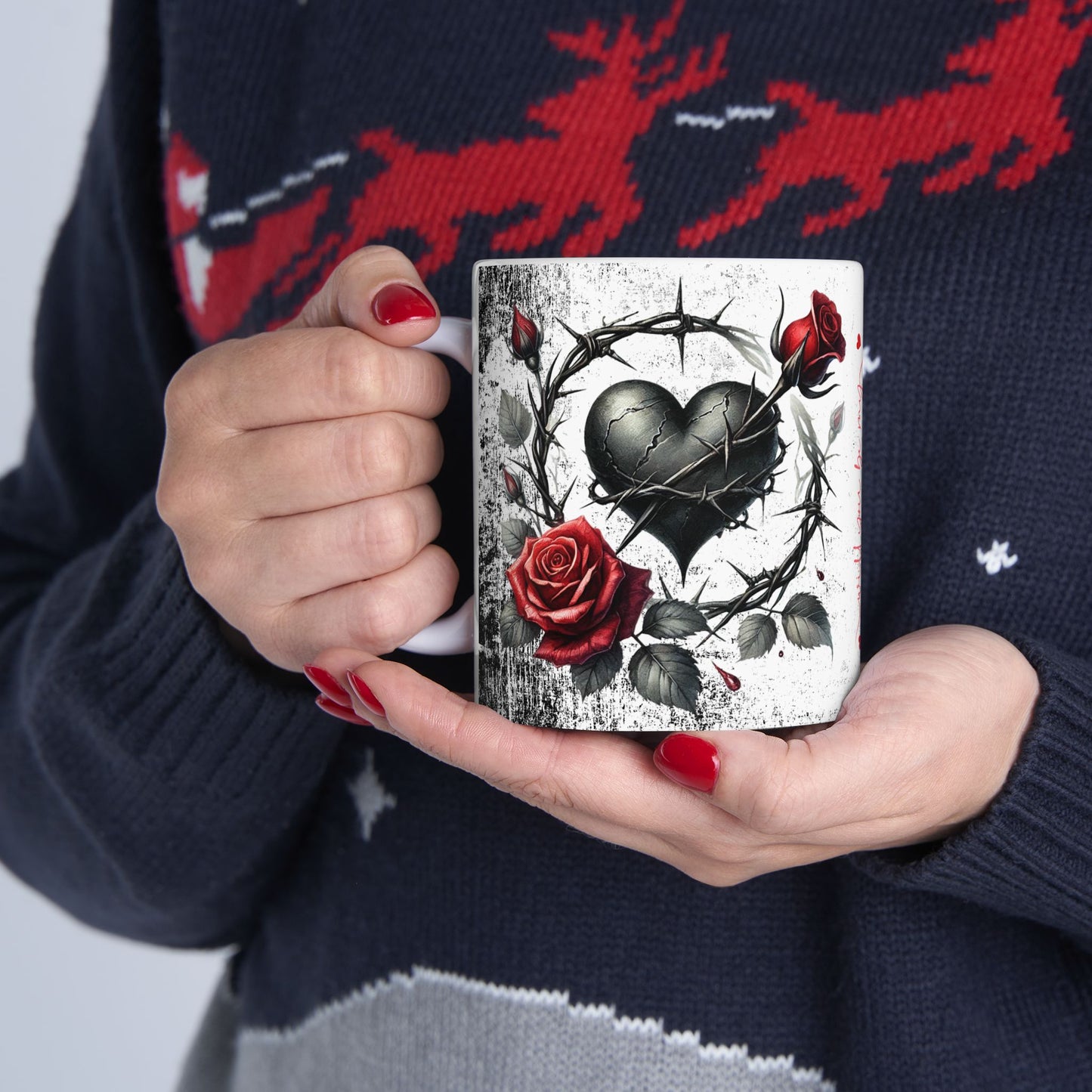 Valentine Ceramic Mug - "Will You Be My Valentine" Gothic Red Rose & Thorn Design with 'Valentine' Hearts (11oz/15oz)