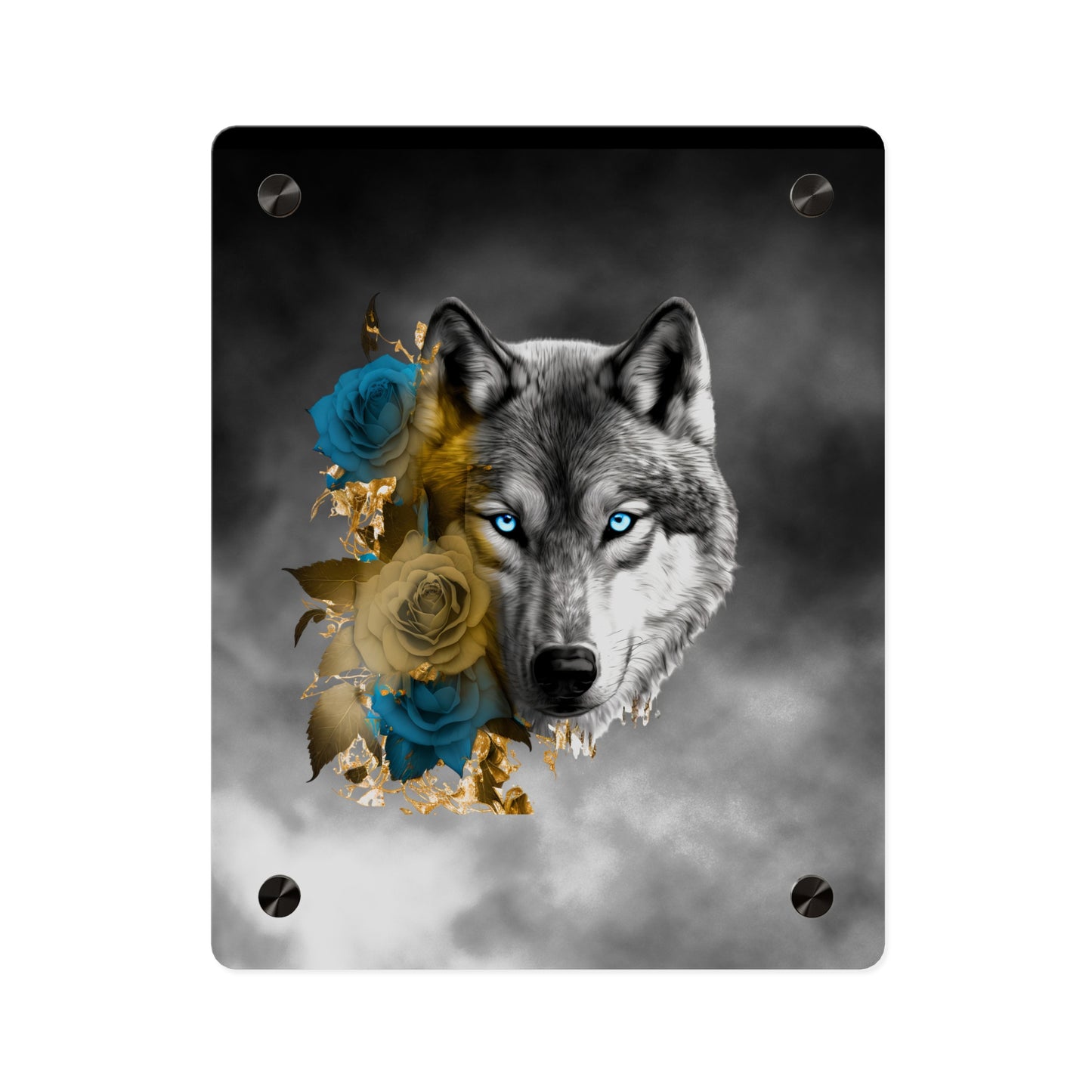 Lively Wolf Acrylic Wall Art Panel - Blue Roses Decor