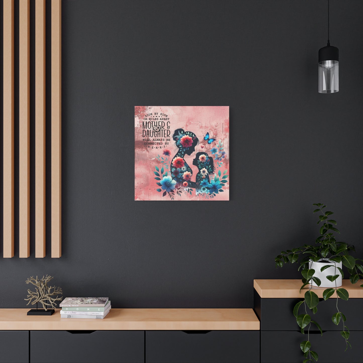 Mother-Daughter Love With Floral And Butterfly Canvas Wall Art Print