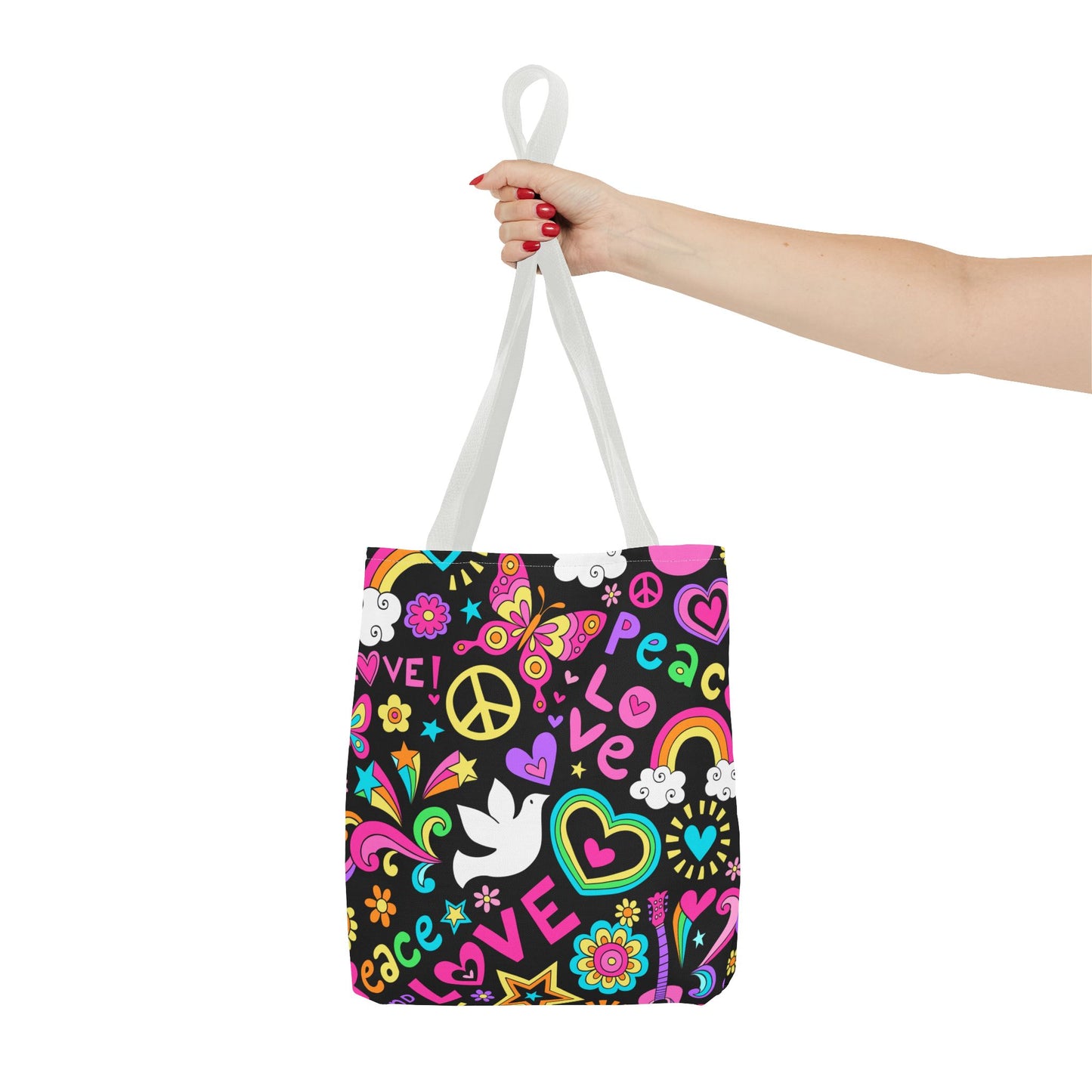Fashionable Tote Bag (AOP), Stylish, Peace Lovers, Hippie Theme, Great Gift Idea for Birthdays, Holidays or Any Occasion for Anyone