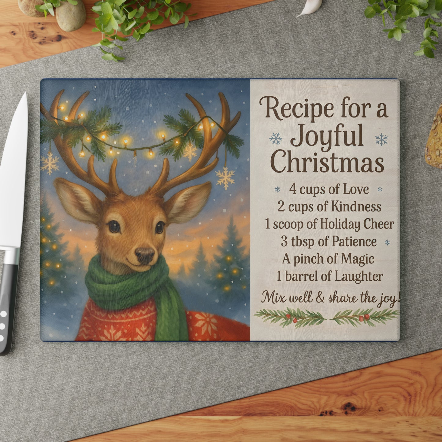 Joyful Christmas Recipe Glass Cutting Board