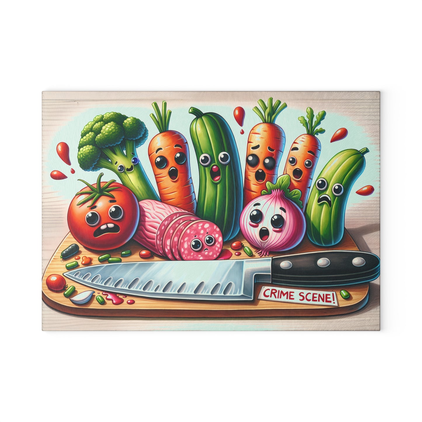 Whimsical Glass Cutting Board - ‘Crime Scene’ Vegetable Design for Fun Cooking