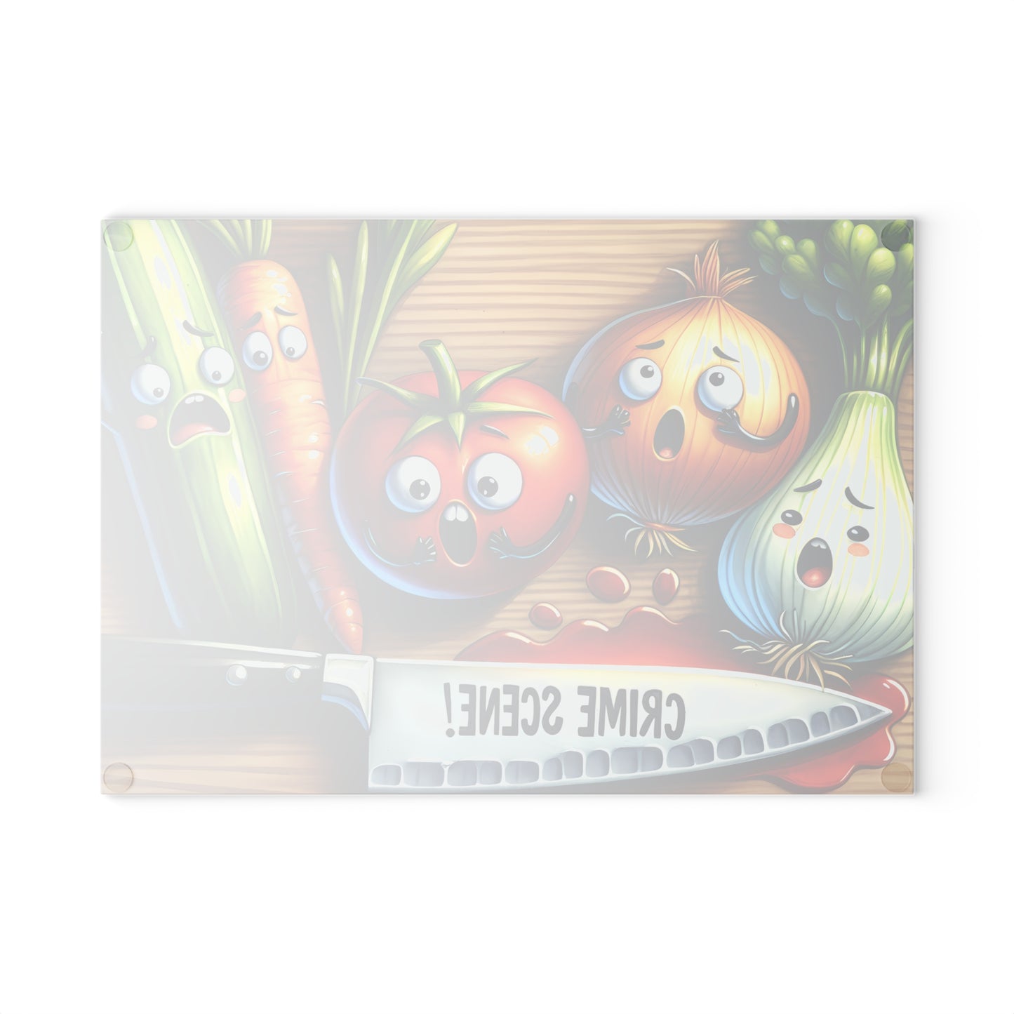 Funny Crime Scene Glass Cutting Board - Cartoon Veggies Design