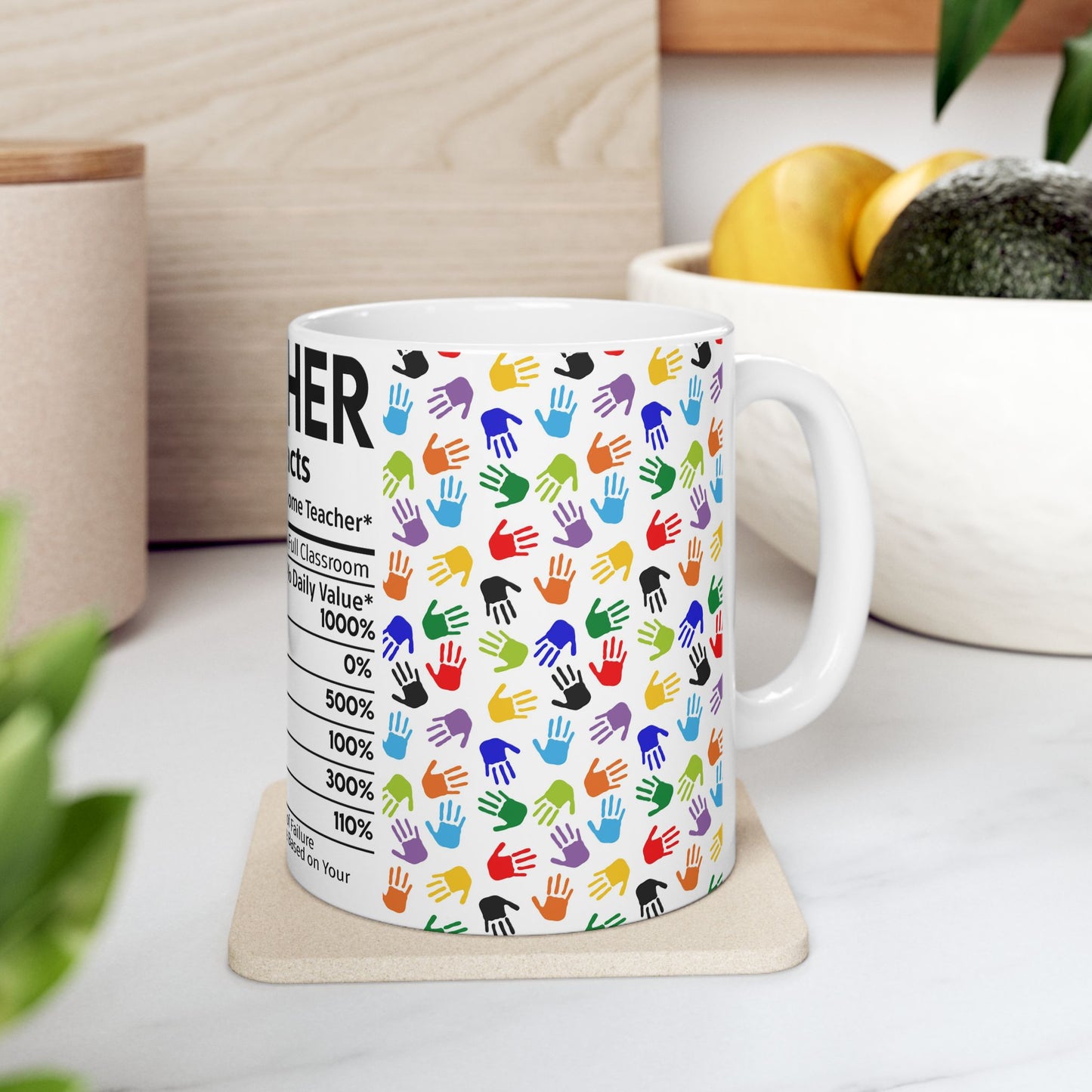 Education Theme Ceramic Mug, (11oz, 15oz), Cute Teacher Nutrition Fact Expression with Hand Prints, Gift Idea for Educators, Coffee, Tea, Hot Chocolate Lovers