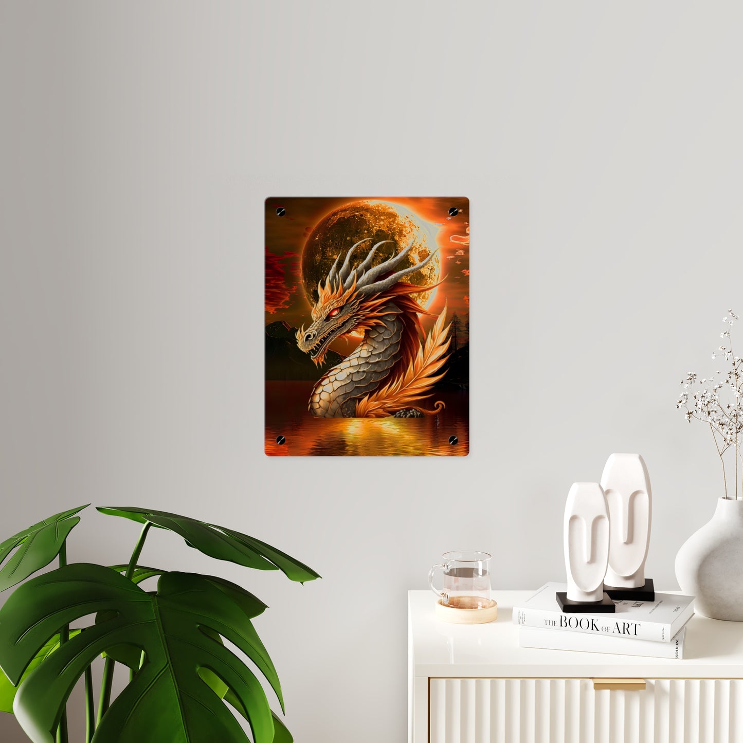 Gothic Theme Acrylic Wall Art Panels, Beautiful Dragon with Moon Background Decor, Accent for Any Room, Dragon Lovers, for Anyone