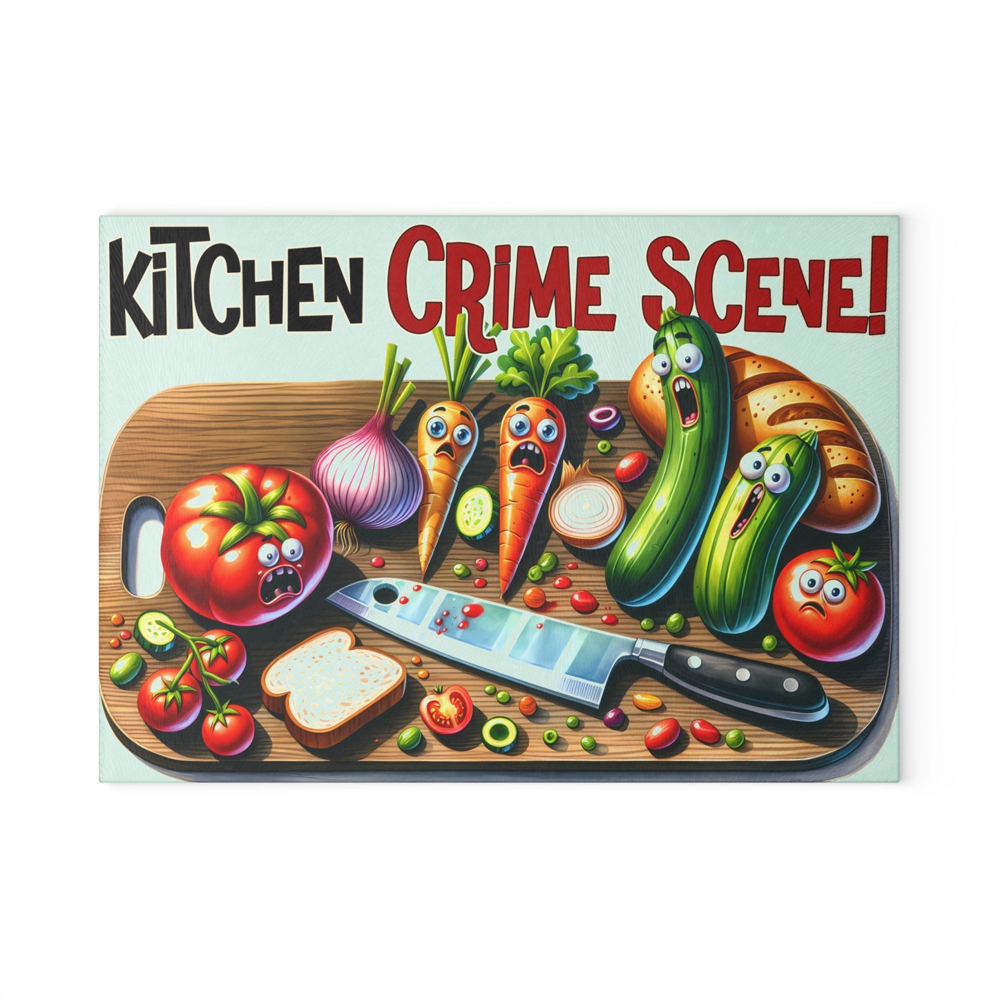 Whimsical Kitchen Crime Scene Glass Cutting Board - Chef Foodie Gift