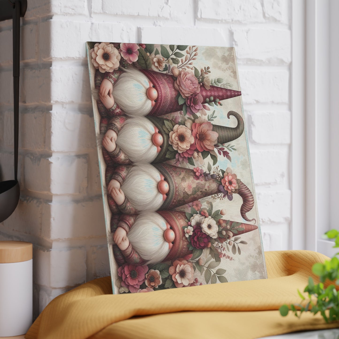 Floral Gnome Glass Cutting Board