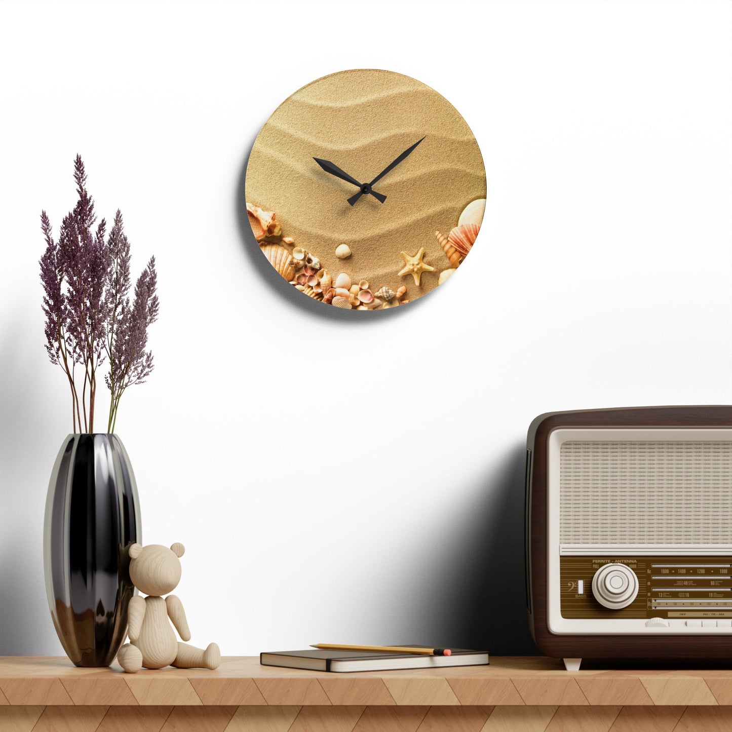 Sand With Sea Shells Acrylic Wall Clock, Beach Lovers, Great Gift Idea for Housewarming, or Any Occasion, Beautiful Wall Decor for Home or Office