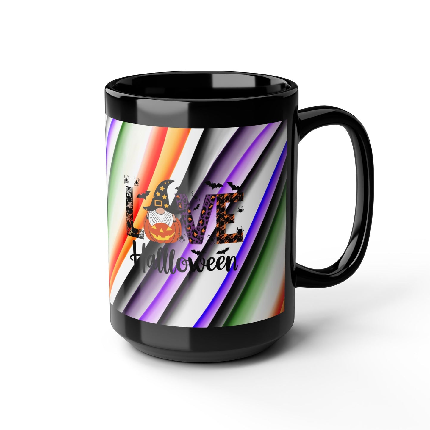 Halloween Theme with Gnome Black Mug (11oz, 15oz) Halloween Lovers, Coffee, Tea, Hot Chocolate lovers, Great Gift Idea for Any Occasion for Anyone