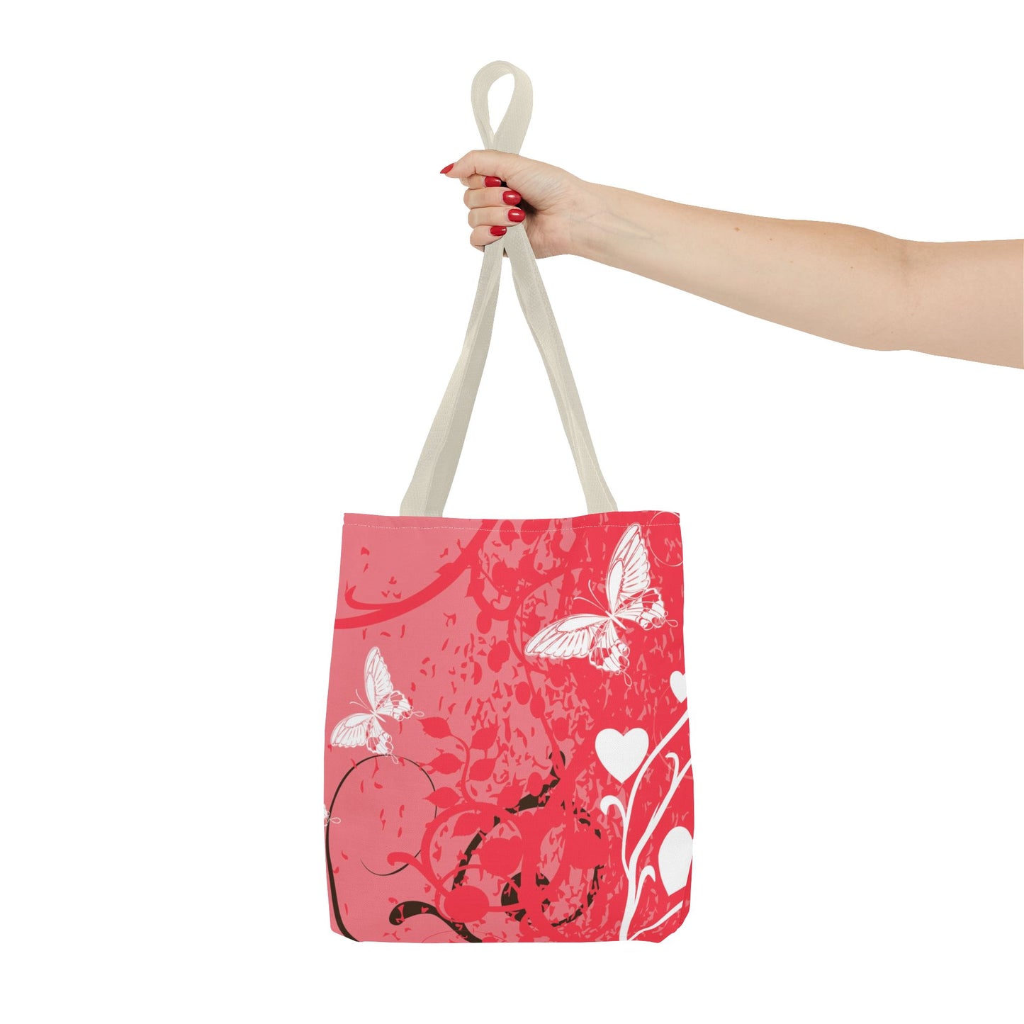 Pink Butterfly Heart Floral Abstract Fashionable Tote Bag (AOP), Stylish, Gift Idea for Birthdays, Holidays, Any Occasion for Anyone