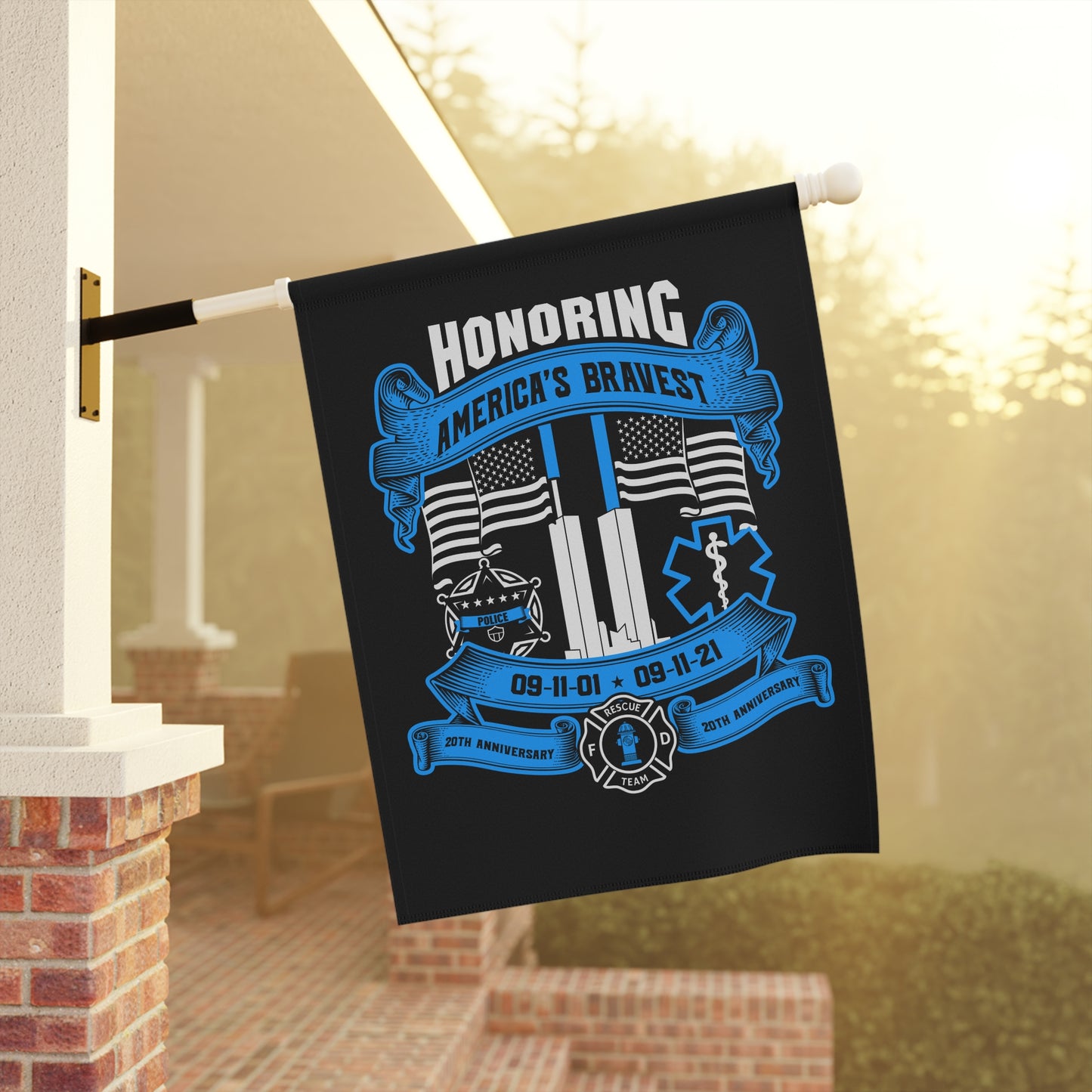 Patriotic Garden Flag - Honoring America's Bravest 20th Anniversary Banner