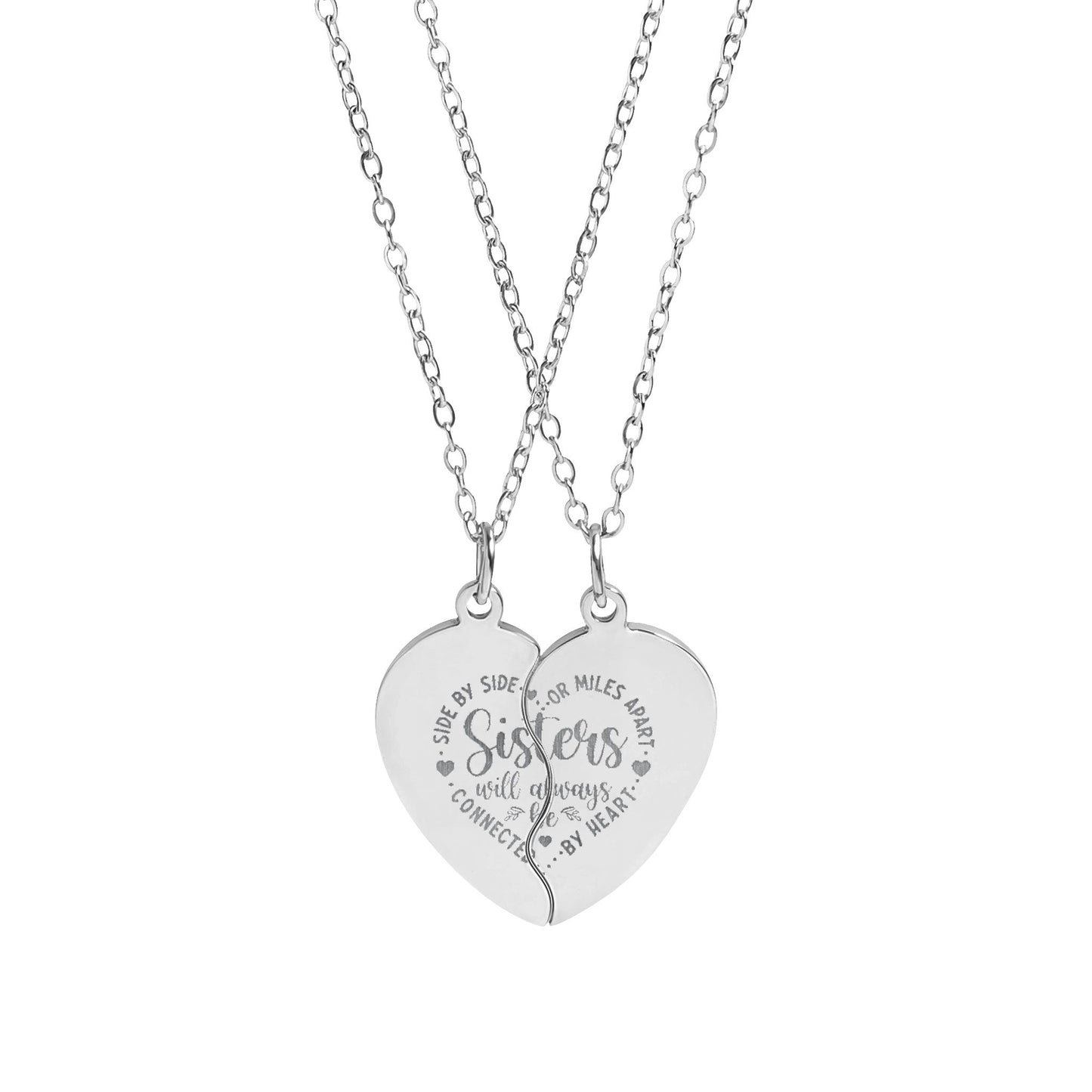 Sisters Heart Split Pendant Necklace Set | Engravable | 18K Gold & Stainless Steel