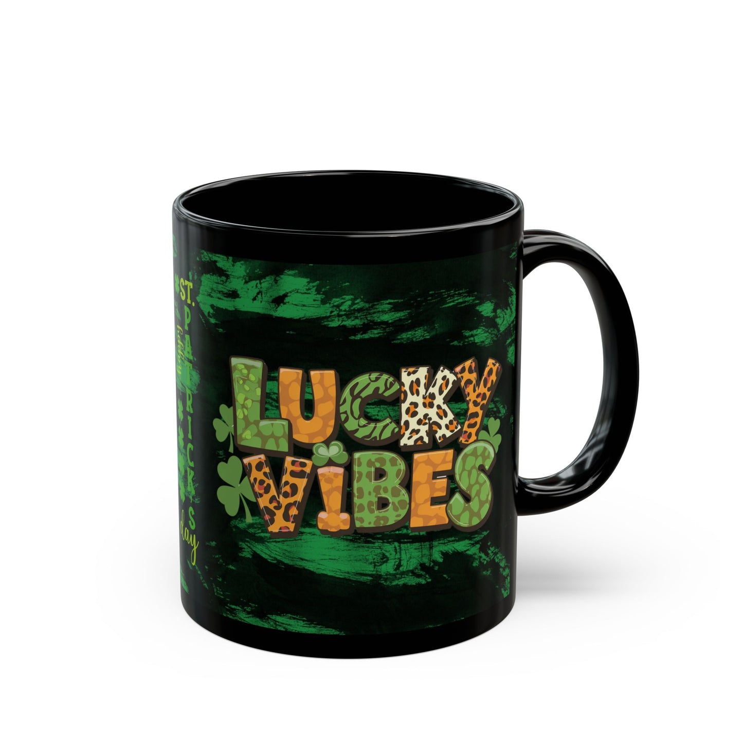 Lucky Vibes Black Mug — St. Patrick’s Day Leopard Print Shamrock Coffee Cup (11oz/15oz)
