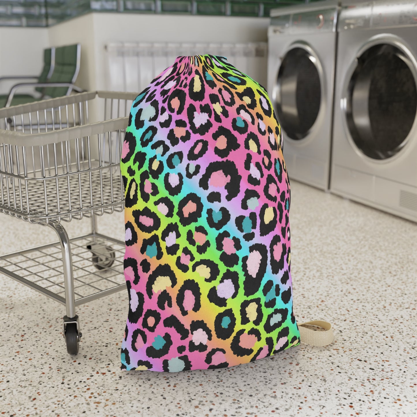 Rainbow Leopard Laundry Bag — Tie-Closure Travel & Dorm Clothes Sack