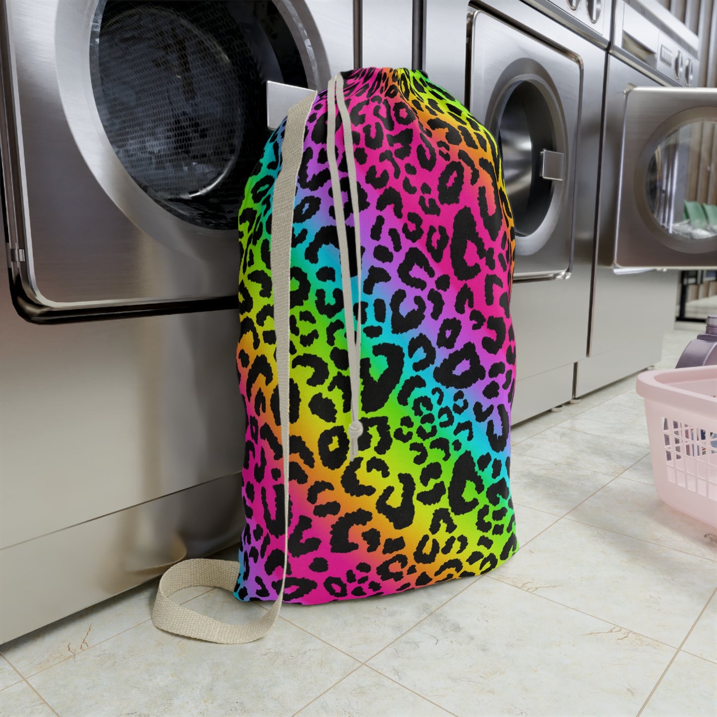 Rainbow Leopard Print Laundry Bag — Bright Neon Animal Print Drawstring Tote for Dorms & Travel