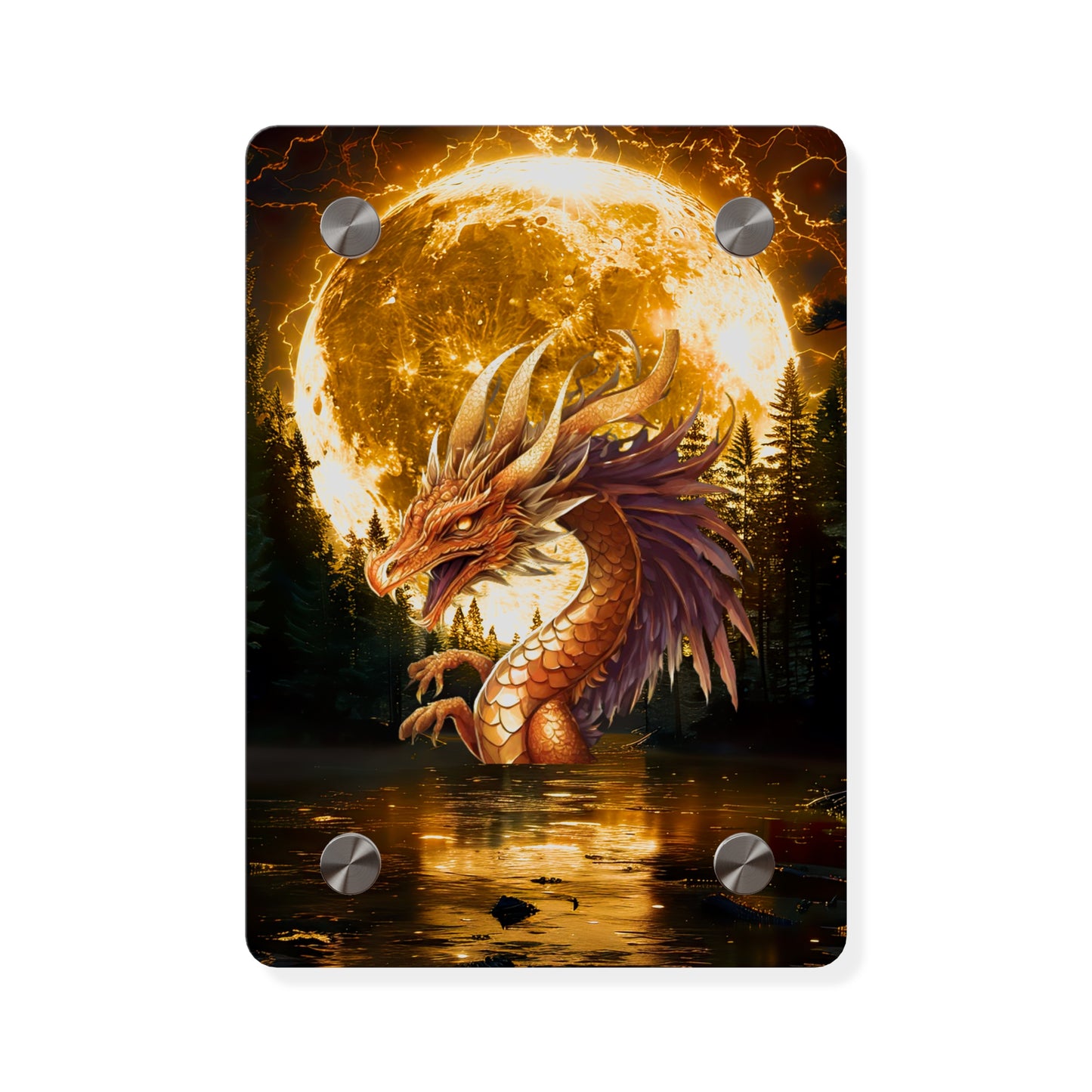 Gothic Theme Acrylic Wall Art Panel, Purple Dragon with Moon Background, Dragon Lovers, For Anyone, Accent for Any Room