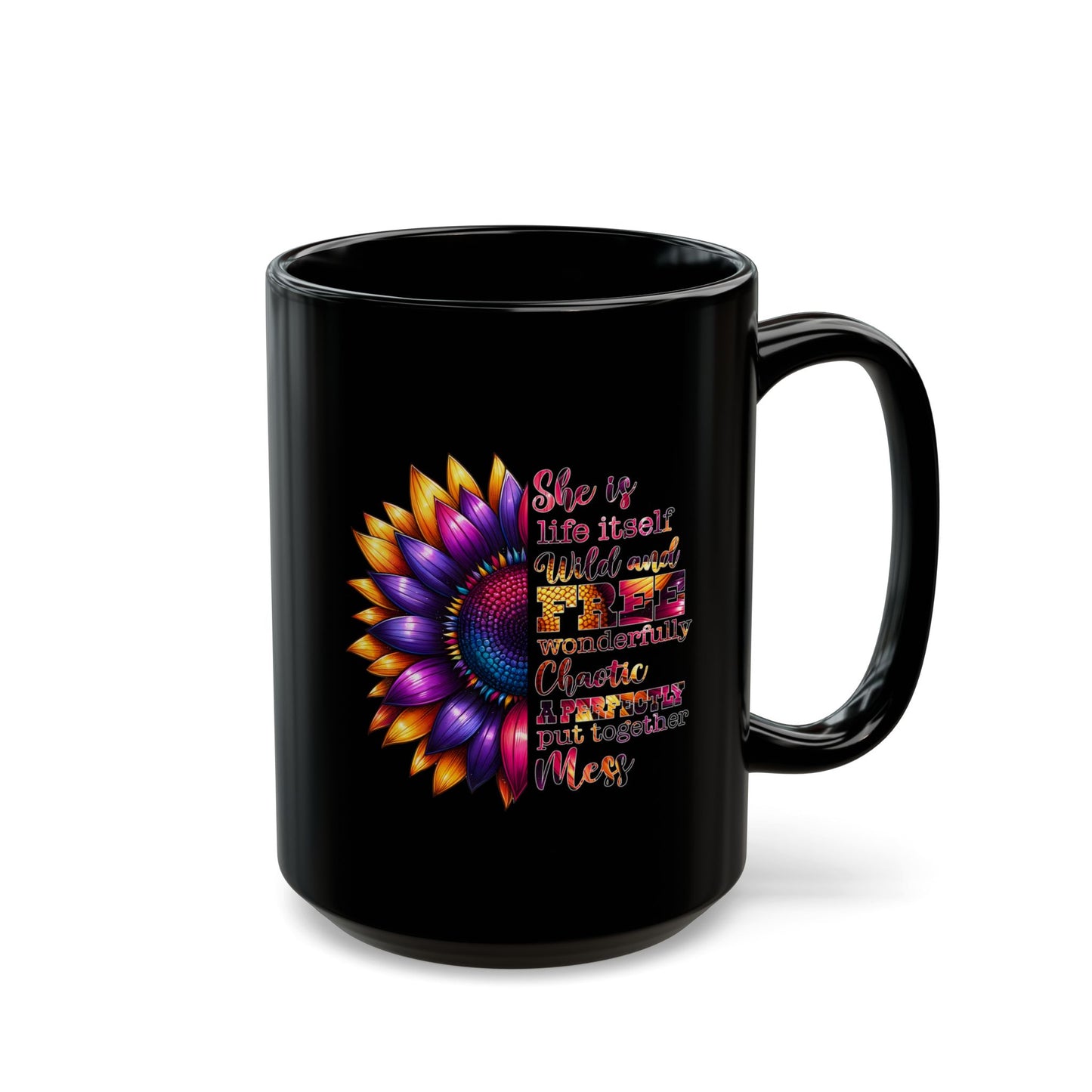 Inspirational Black Mug with Colorful Flower Design - Perfect Gift for Women