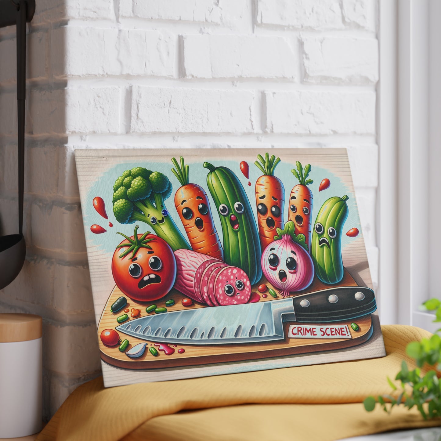 Whimsical Glass Cutting Board - ‘Crime Scene’ Vegetable Design for Fun Cooking