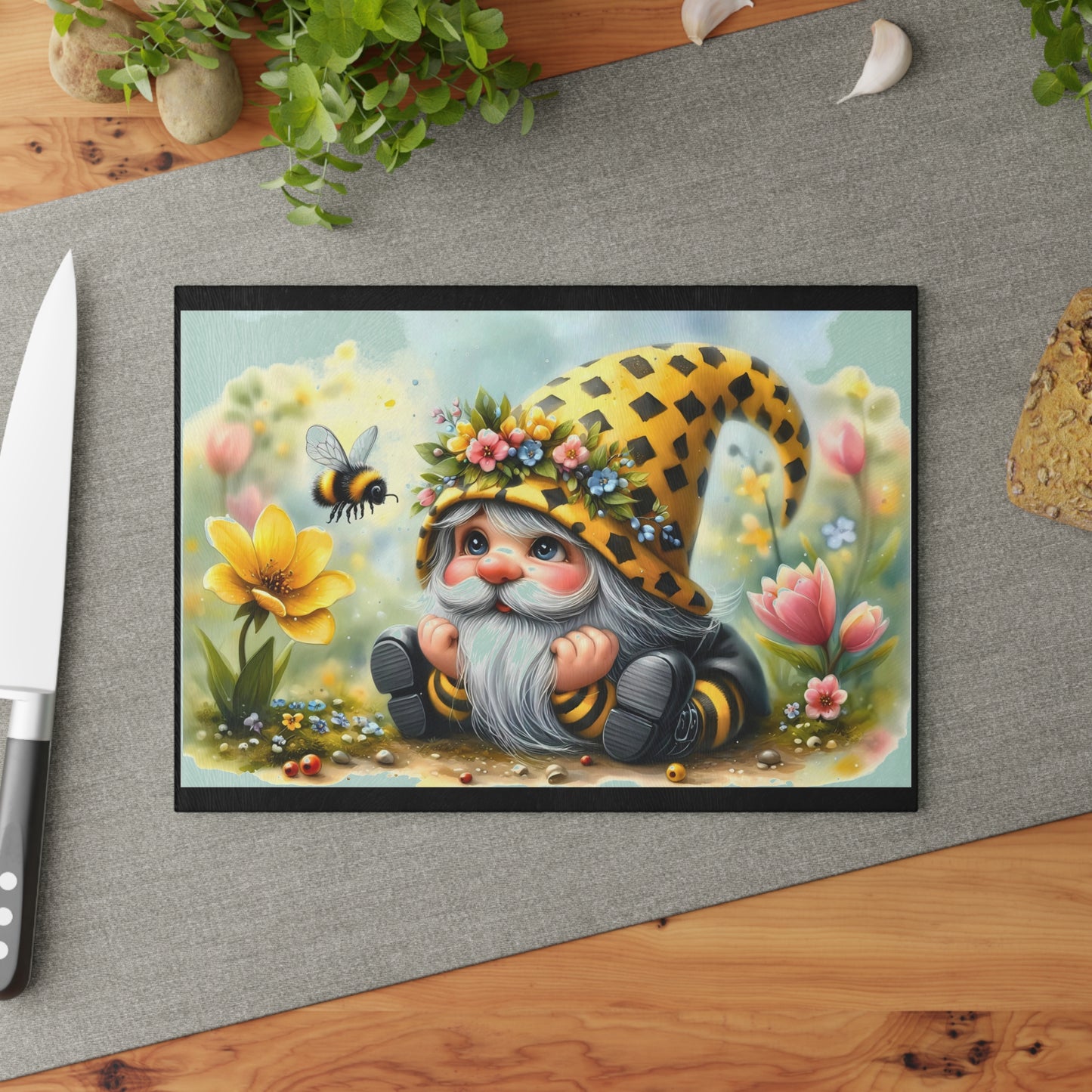 Glass Cutting Board — Cute Bee Gnome Floral Kitchen Cutting Board