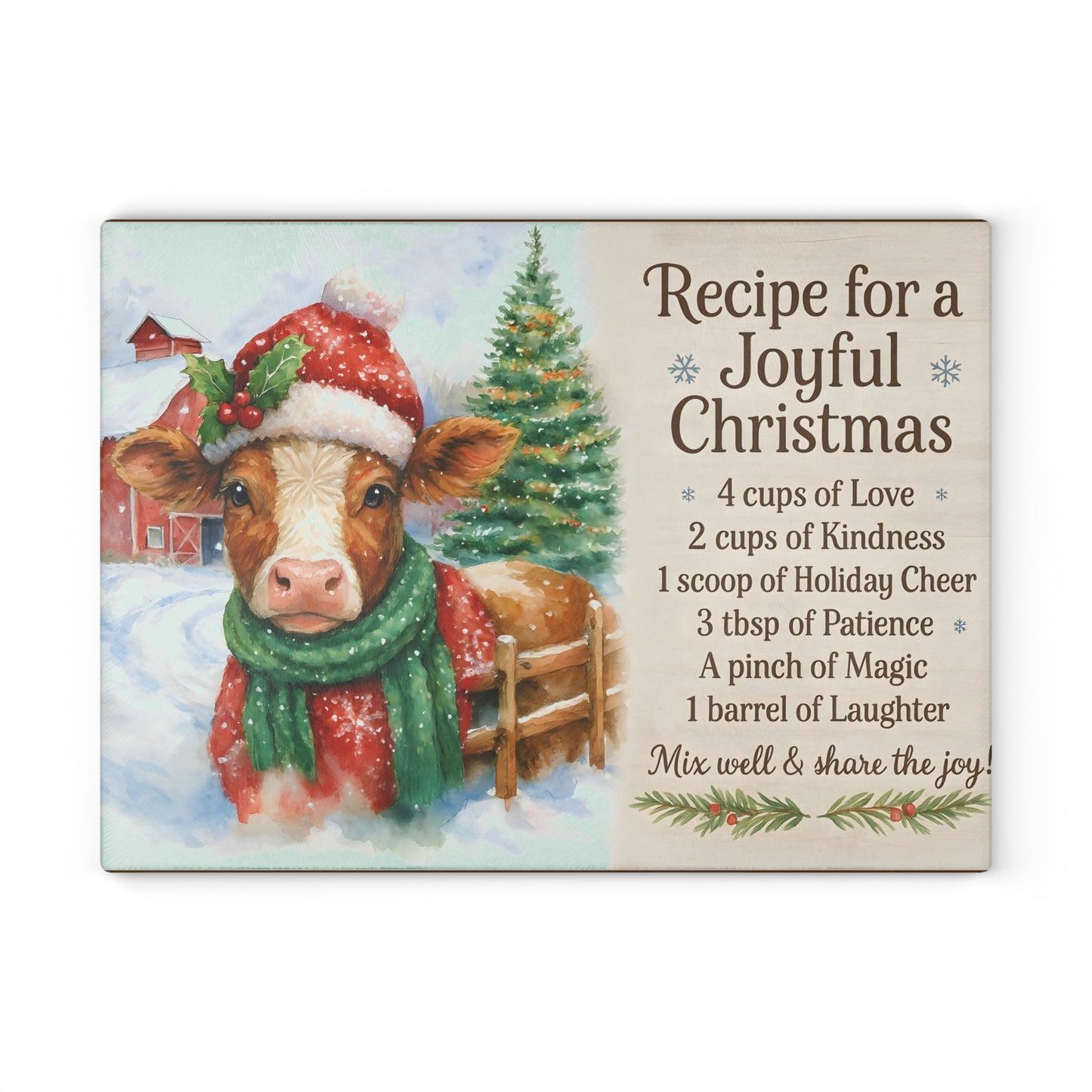 Holiday Recipe Glass Cutting Board - Joyful Christmas Design
