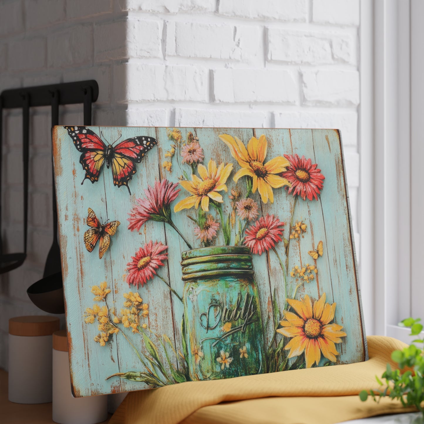 Floral Mason Jar Glass Cutting Board - Rustic Charm