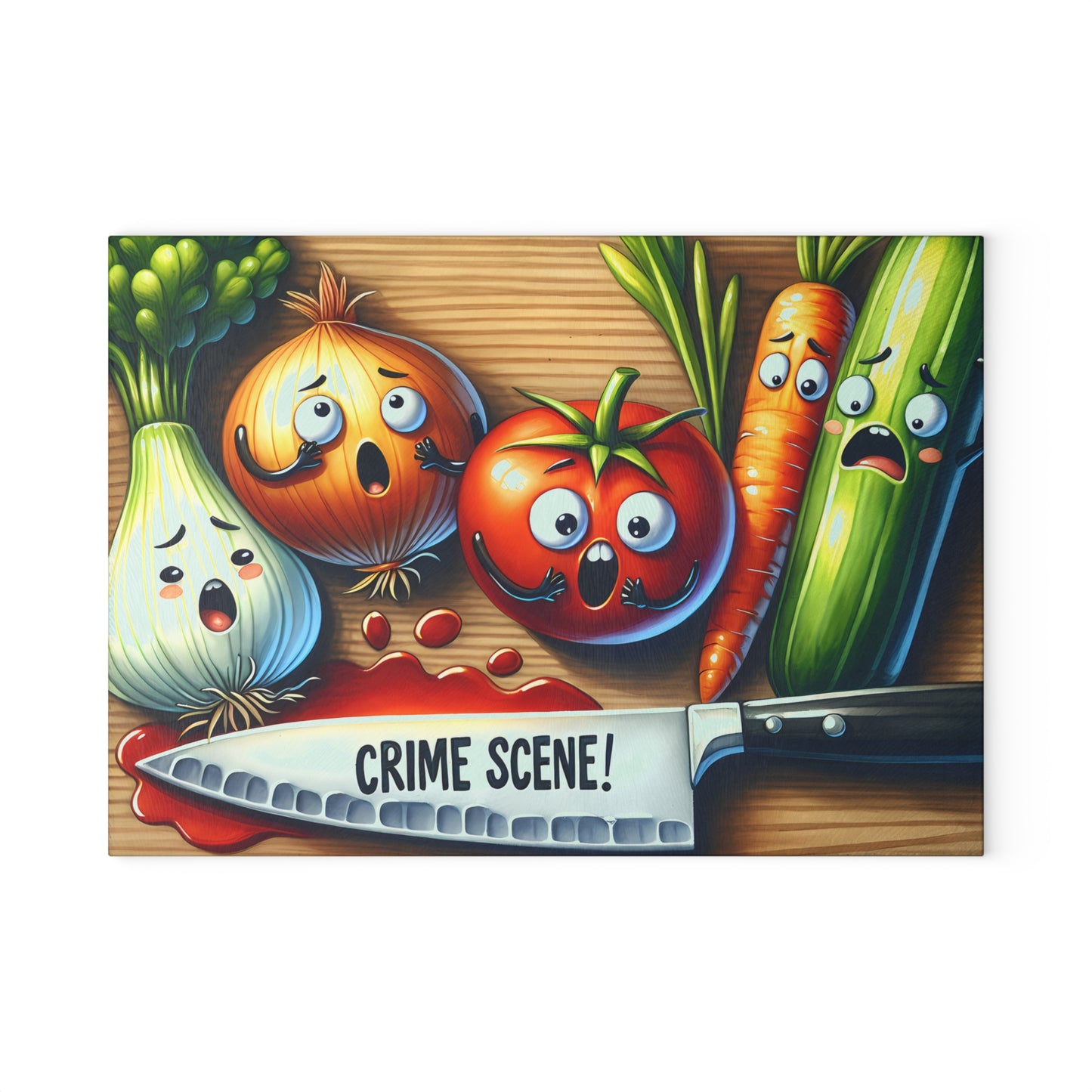 Funny Crime Scene Glass Cutting Board - Cartoon Veggies Design