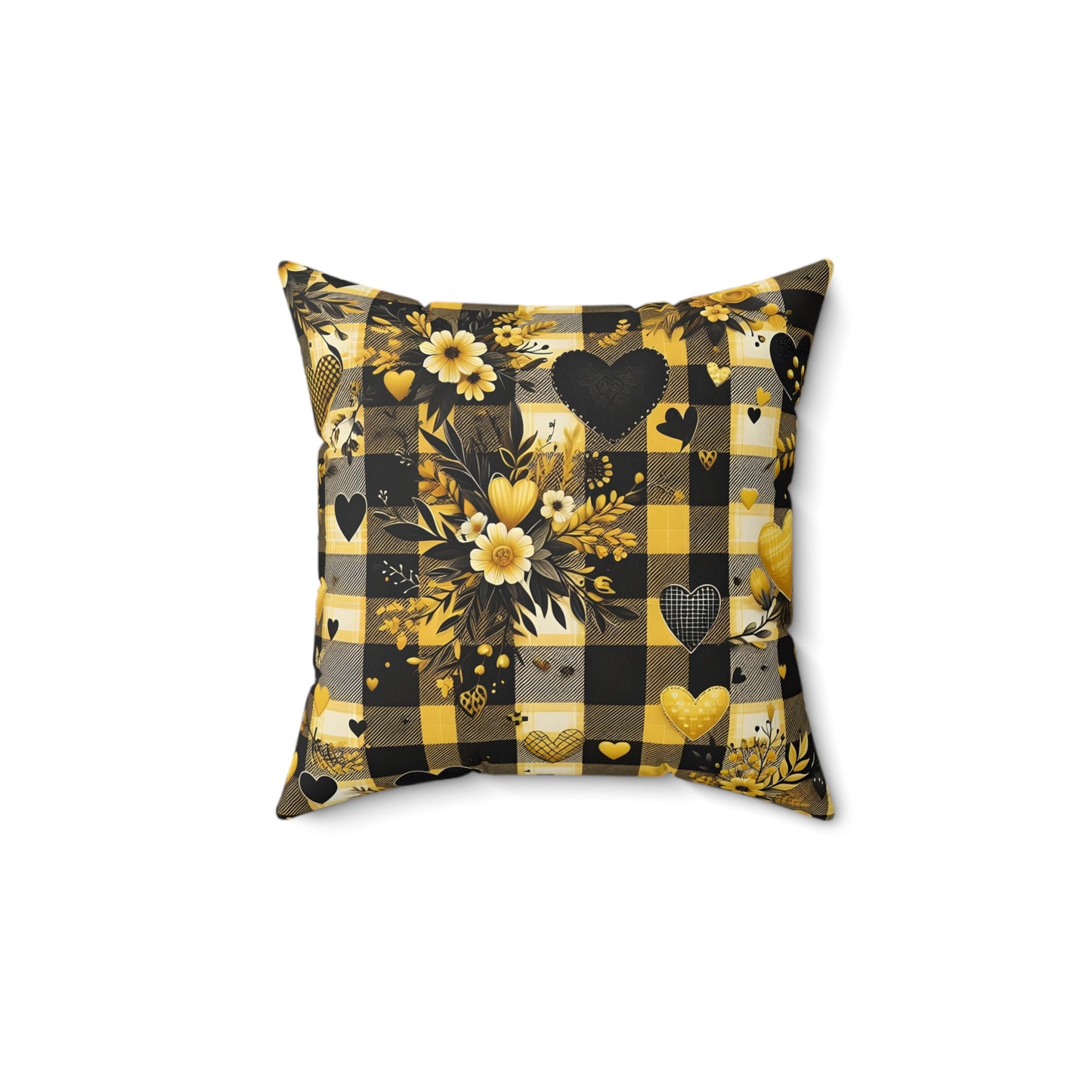 Decorative Spun Polyester Square Pillow with Floral and Hearts Plaid Pattern