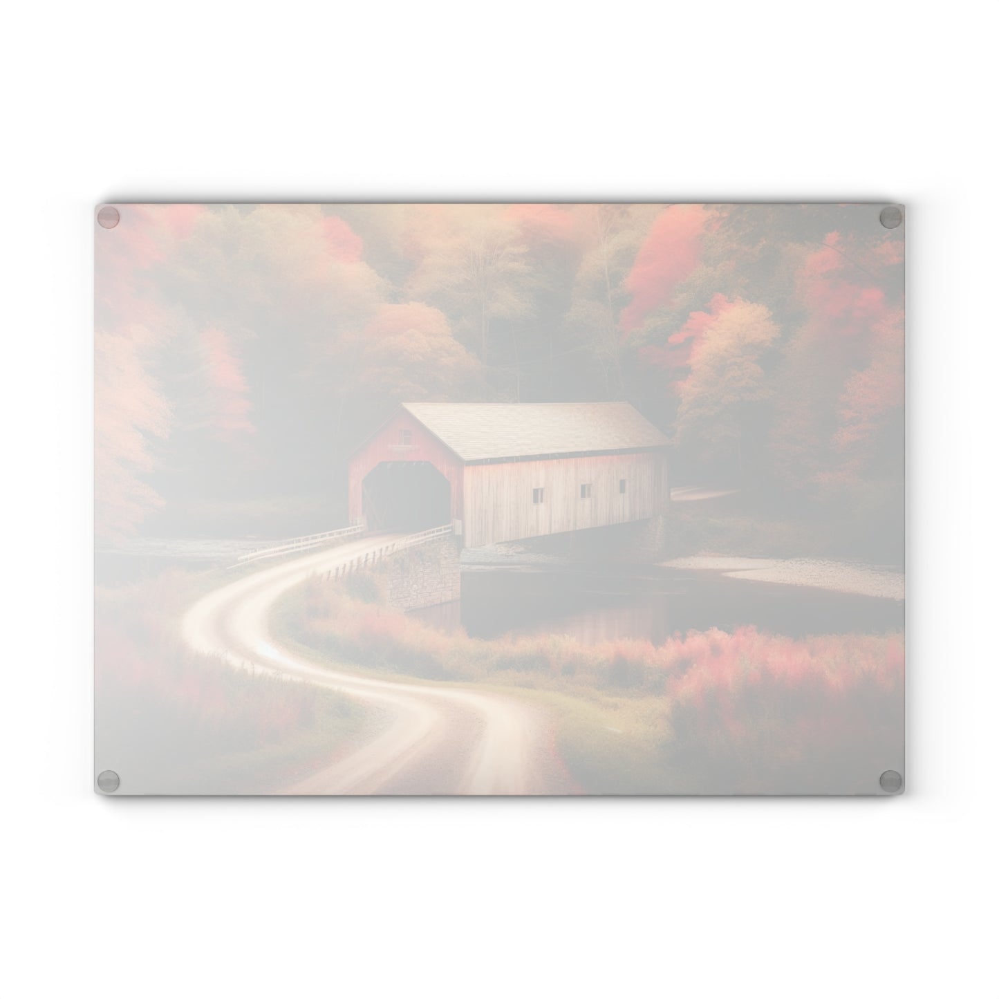 Autumn Inspired Glass Cutting Board with Rustic Covered Bridge Design