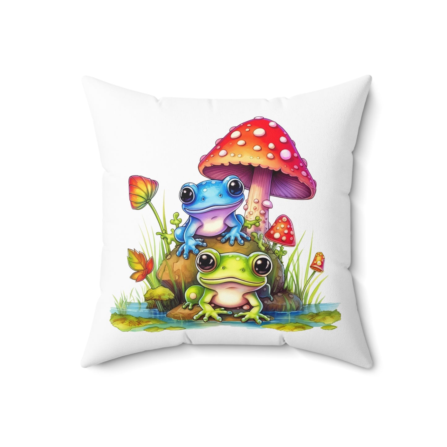 Decorative Spun Polyester Square Pillow, Stylish Mushroom with Frogs Decor for Home or Office, Gift Idea for Any Occasion for Anyone