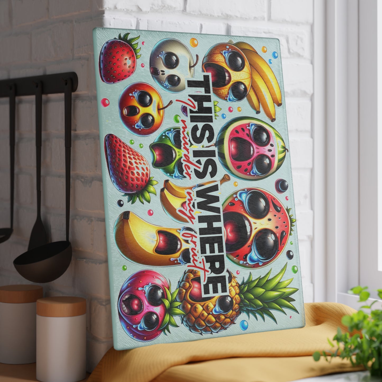 Whimsical Glass Cutting Board - 'This Is Where I Murder My Fruit' Design