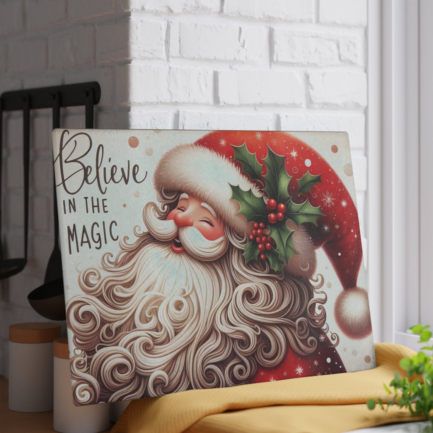 Festive Santa Glass Cutting Board - Believe in the Magic