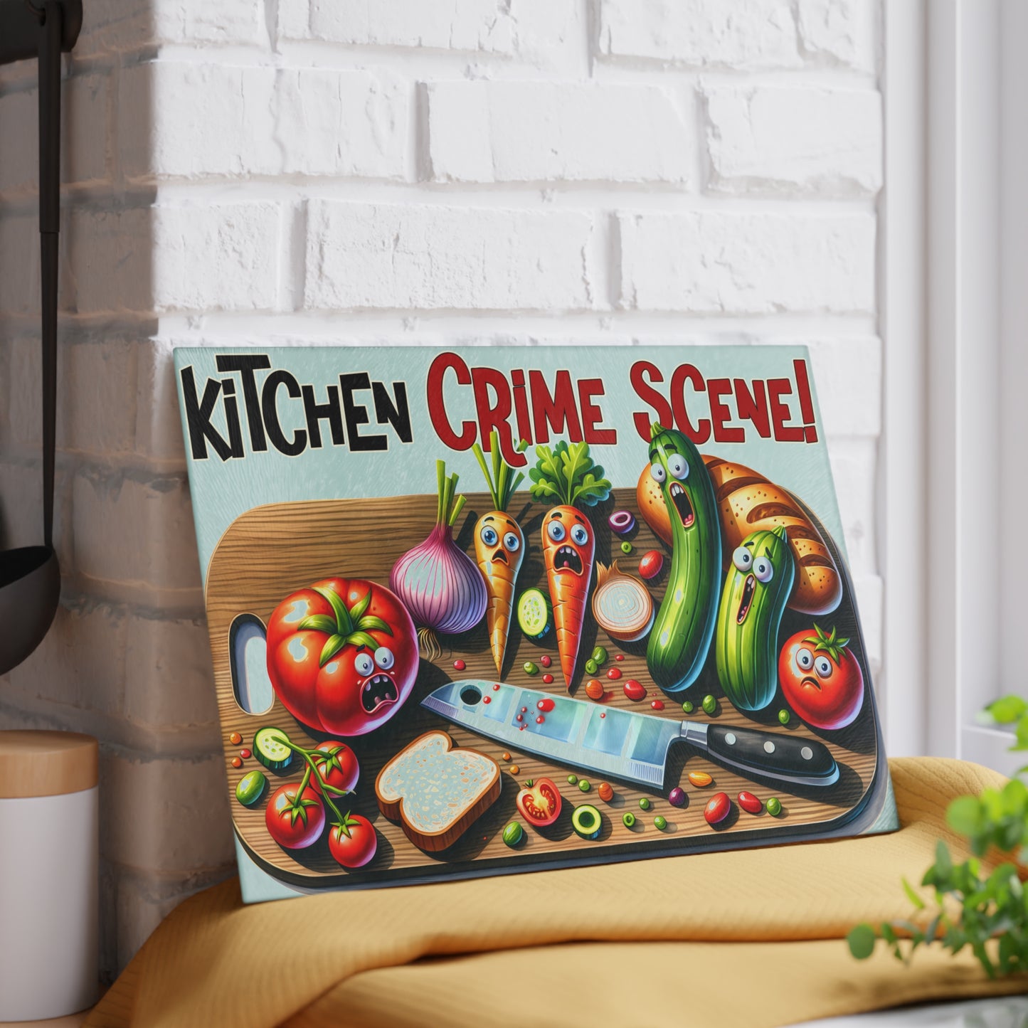 Whimsical Kitchen Crime Scene Glass Cutting Board - Fun Cooking Gift for Chefs & Foodies