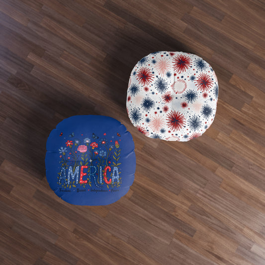 Patriotic Tufted Floor Pillow, Round, Cozy Home Décor, Indoor Cushion, Fireworks Design, Perfect for Holidays and Celebrations