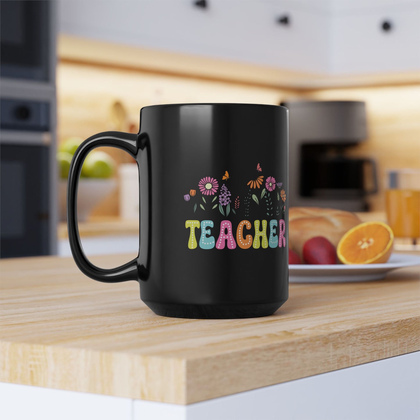 Education Theme Teacher with Floral Black Mug (11oz, 15oz) Great Gift for Teachers to Enjoy Their Coffee, Tea or Hot Chocolate, Gift Idea for Educators