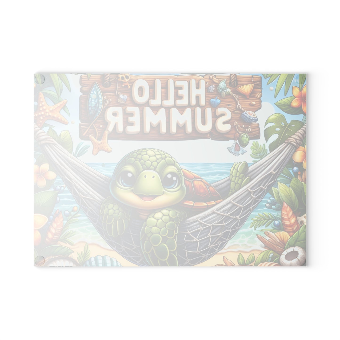 Glass Cutting Board - 'Hello Summer' Sea Turtle Beach Design