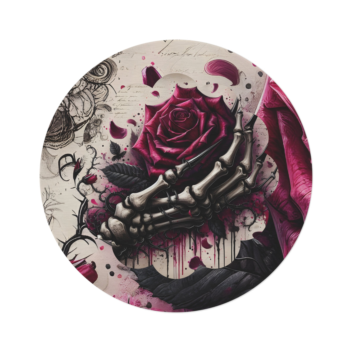 Gothic Rose Skeleton Hand Round Floor Rug — Dark Floral Round Floor Rug Decor