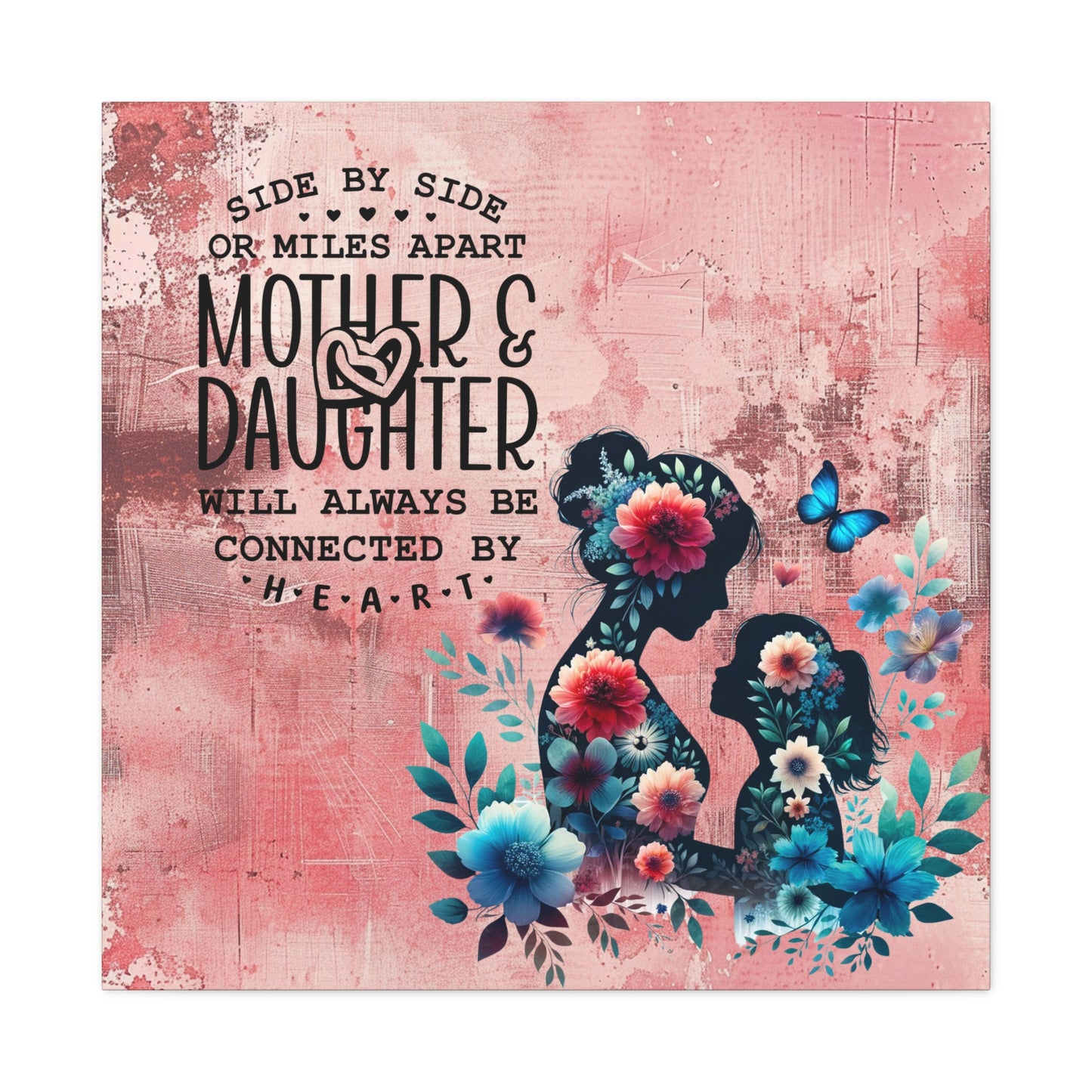 Mother-Daughter Love With Floral And Butterfly Canvas Wall Art Print