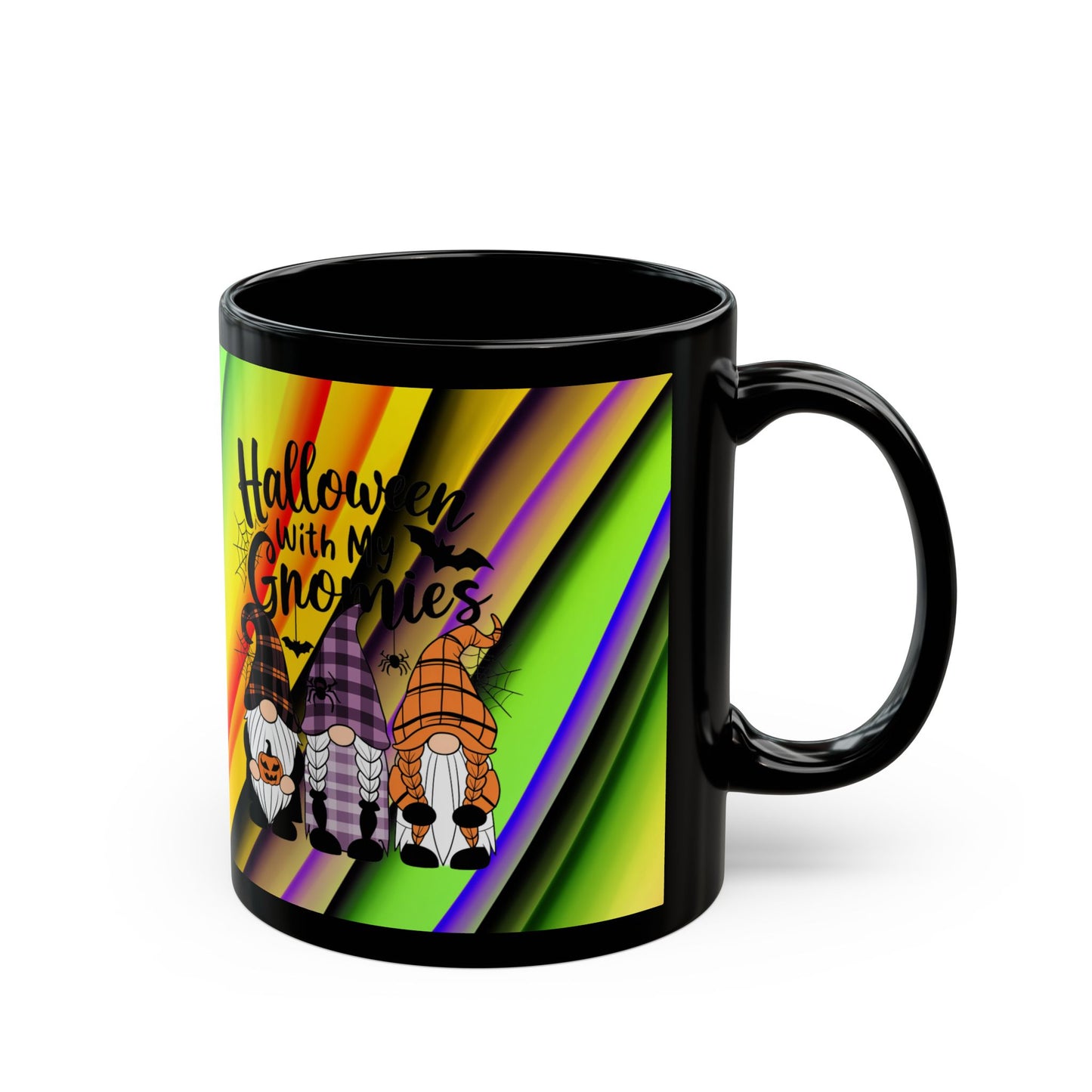 Halloween Theme Black Mug (11oz, 15oz), Cute Halloween Expression with Gnomes, Halloween Lovers, Gnome Lovers, Coffee, Tea, Hot Chocolate Lovers Gift Idea