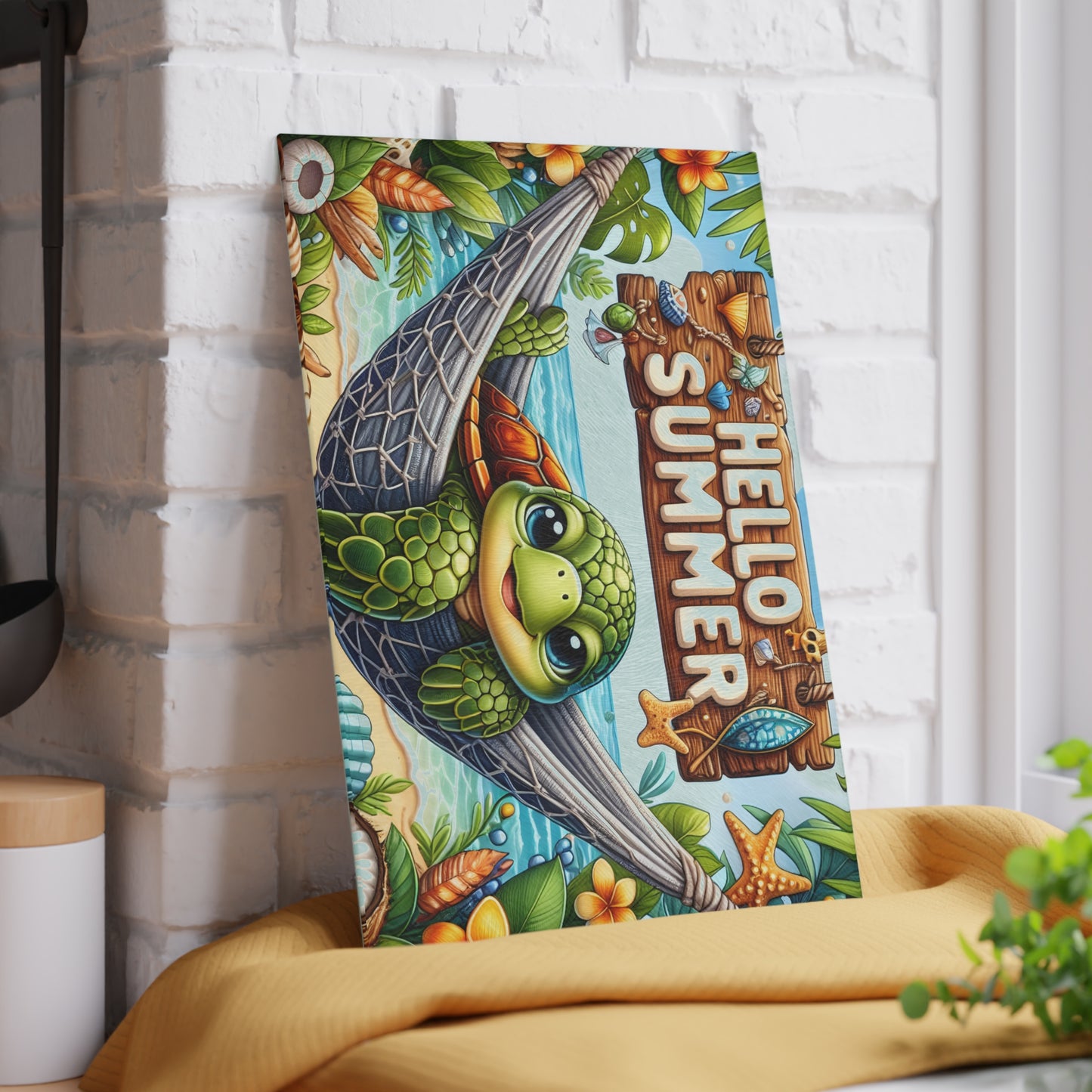 Glass Cutting Board - 'Hello Summer' Sea Turtle Beach Design