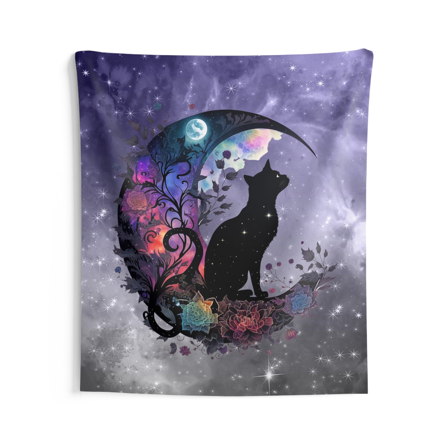Celestial Cat Wall Tapestry, Bohemian Decor, Gothic Home Art, Cat Lover Gift, Bedroom Wall Hanging, Mystical Room Decor